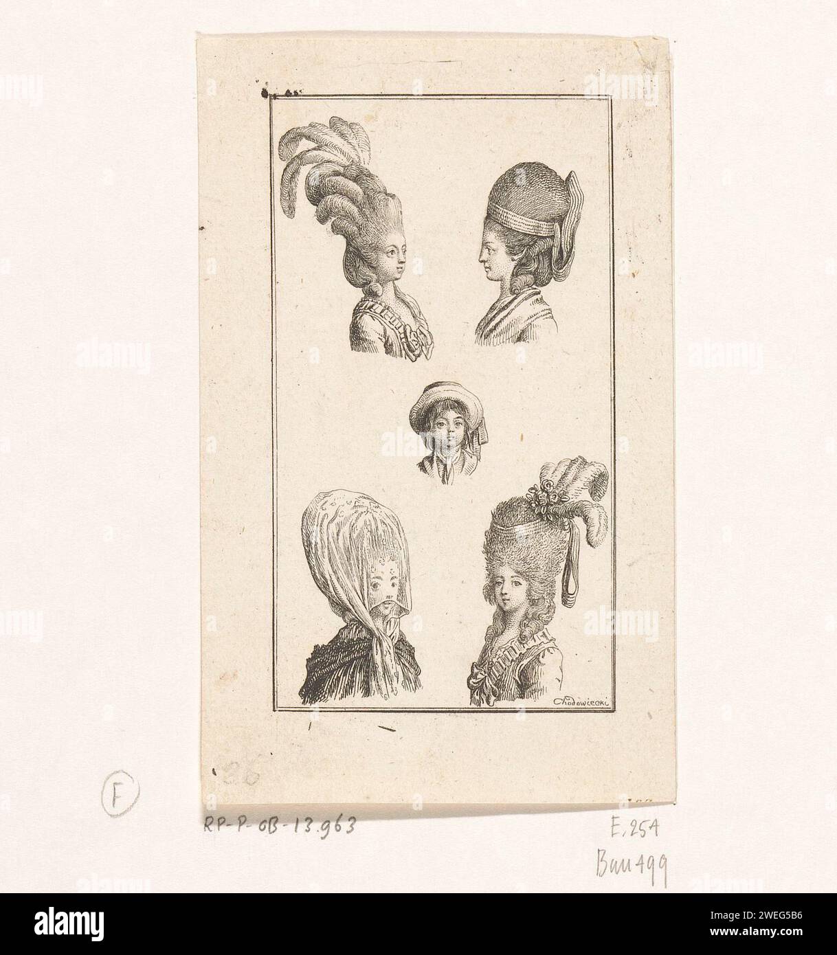 Fünf Damenfrisuren, Daniel Nikolaus Chodowiecki, 1778 drucken vier Damenköpfe mit verschiedenen hohen Frisuren, mit oder ohne Kopfbedeckung. In der Mitte ein Pudding mit einem Strohhut. Der zweite Zustand (N.A. RPK) ist mit Zahlen und Namen der Frisuren ausgestattet: Oben links = 1: Coefage de Noce; rechts = 2: Herisson; Mitte = 3: Philantropin; unten links = 4: Konservierungsmittel, rechts = 5: Herison Néglige. Papier ätzende Frisuren (HERISSON) - AA -  Frauen. Kopfbedeckung (+ Damenkleidung). Kopfbedeckung: Hut (+ Kinderkleidung) Stockfoto