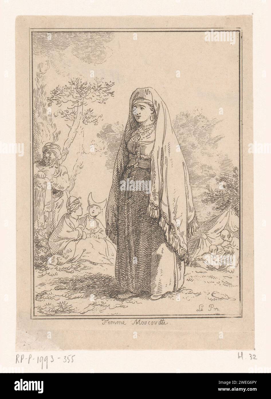 Moskovian Woman, Jean Baptist Leprince, 1768 Print Standing Woman in moskovischer Kleidung. Sie trägt ein langes Kleid oder einen Mantel und Schleier. Hinten links eine stehende und zwei sitzende Figuren. Volkstracht aus Papier, regionale Tracht Stockfoto