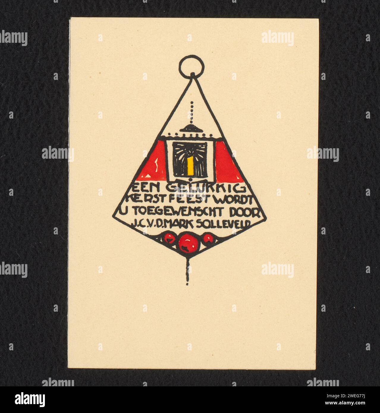 Weihnachtskarte von J.C. v.d. Mark Solleveld, Anonym, ca. 1900 - in oder vor 1935 drucken Sie Eine Weihnachtsdekoration mit dem Text: 'A Happy Christmas Party will be you by J.C.V.D. Mark Solleveld'. Weihnachtskarte aus Papier. Weihnachtsdekoration Stockfoto