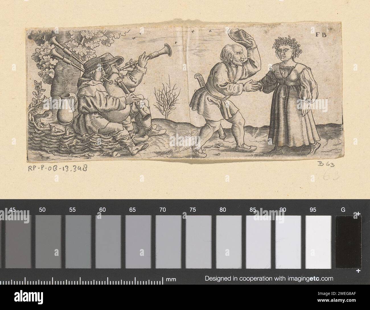 Musiker unter einem Baum, zusätzlich ein Landwirt, der einen Bauerntanz fragt, Franz Isaac Brun, um 1559 - um 1596 Druckpapier-Stich-Bauern. Tanzen. Dudelsack, Musette - CC - draußen. Flöte, Aulos, Tibia - CC - draußen Stockfoto