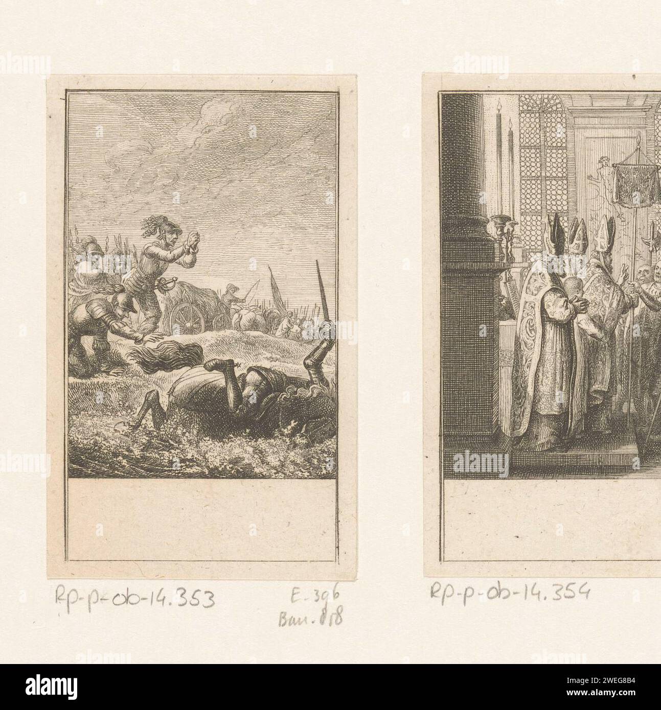 Tod von Kaiser Friedrich I., Daniel Nikolaus Chodowiecki, 1781 Druck Friedrich I., besser bekannt als Barbarossa, stirbt, weil er durch das Wasser zu den Steigbügeln seines Pferdes geschleppt wird. Papierätzung stirbt an den Folgen eines Sturzes. Pferd. Militante Missionierung: Religiöser Krieg, Kreuzzug usw. Stockfoto