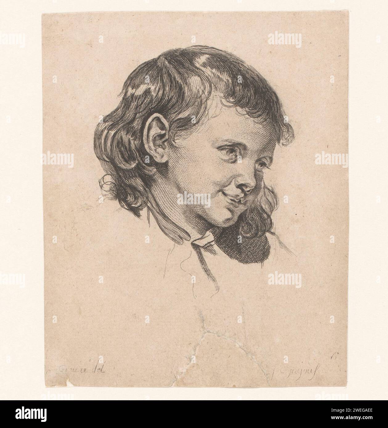 Kopf eines Kindes, nach rechts gedreht, Pierre Charles Ingouf, nach Jean-Baptiste Greuze, ca. 1766 Druckpapier ätzend / gravierendes Kind Stockfoto