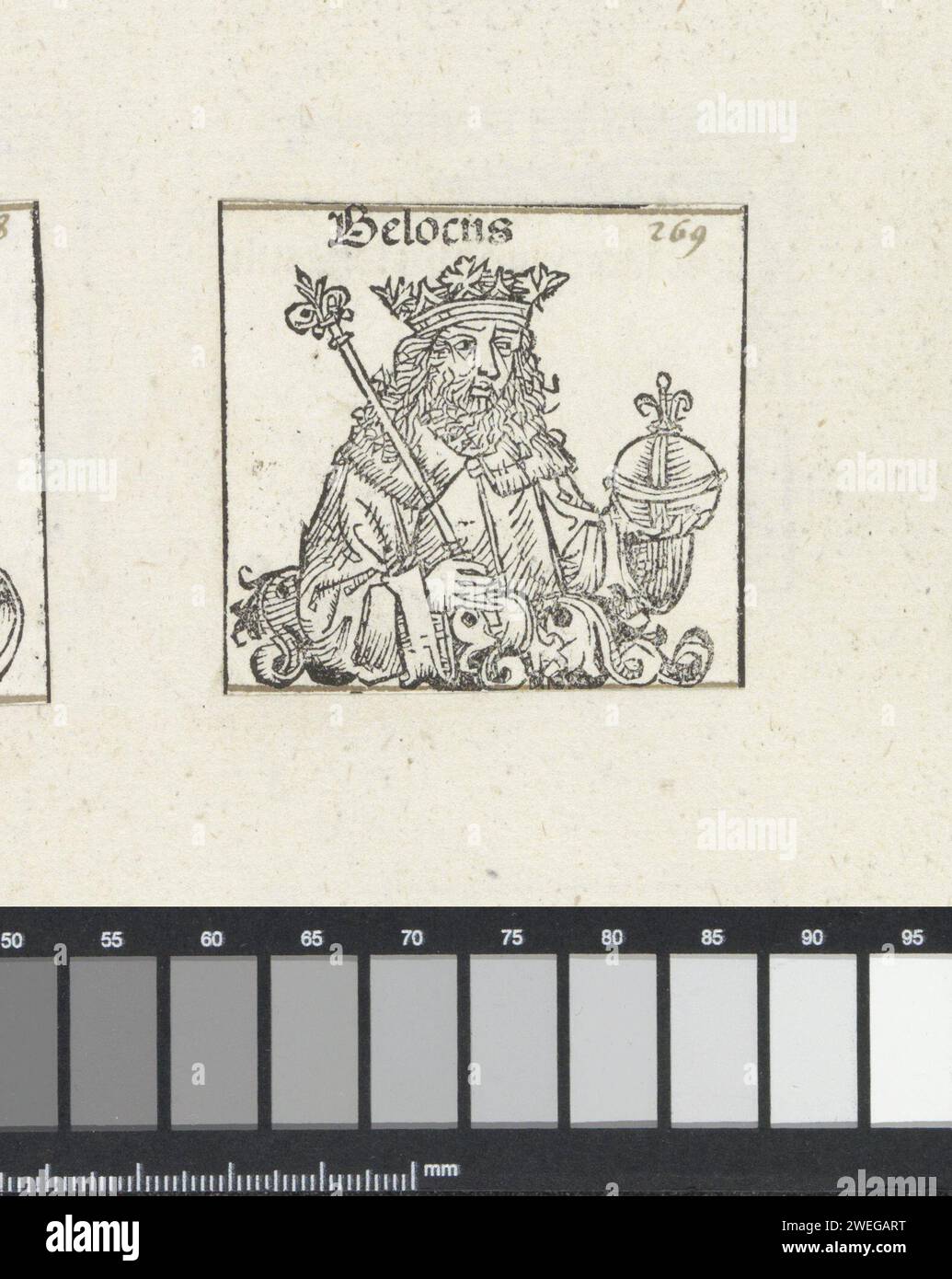 Koning Belocus, Michel Wolgemut (Werkstatt von), 1493 drucken Eine Blumen-Herausforderung, in der ein König mit Zepter und sattem Apfel, rechts. Der Text identifiziert ihn als den assyrischen König Belocus. Die Aufführung ist Teil der Nachfolge der assyrischen Könige im Liber Chronicarum. Der Ausdruck ist Teil eines Albums. Papier Letterpress Printing King Stockfoto
