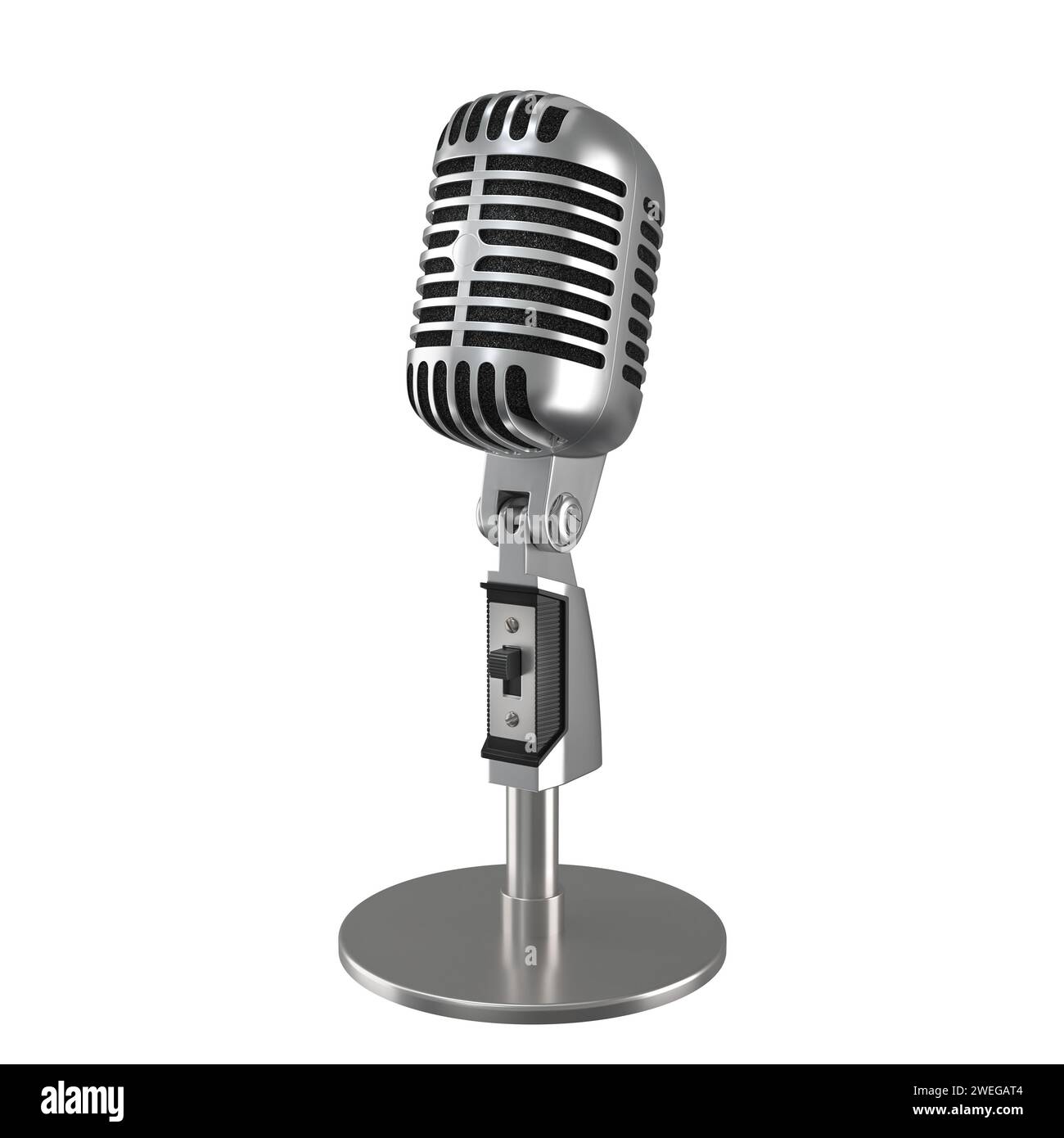 Vintage-Metallmikrofon mit Stativ isoliert auf weiß. 3D-Rendering-Abbildung Stockfoto