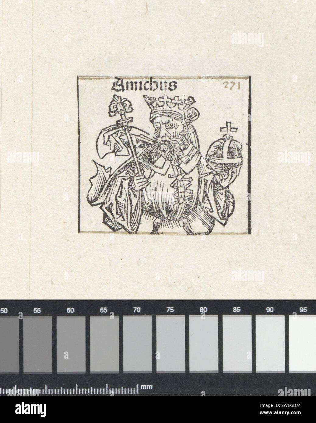 Koning Annichus, Michel Wolgemut (Werkstatt von), 1493 drucken Eine Blumen-Herausforderung, in der ein König mit Zepter und Regierungsapfel. Der Text identifiziert ihn als den assyrischen König Annichus. Die Aufführung ist Teil der Nachfolge der assyrischen Könige im Liber Chronicarum. Der Ausdruck ist Teil eines Albums. Papier Letterpress Printing King Stockfoto