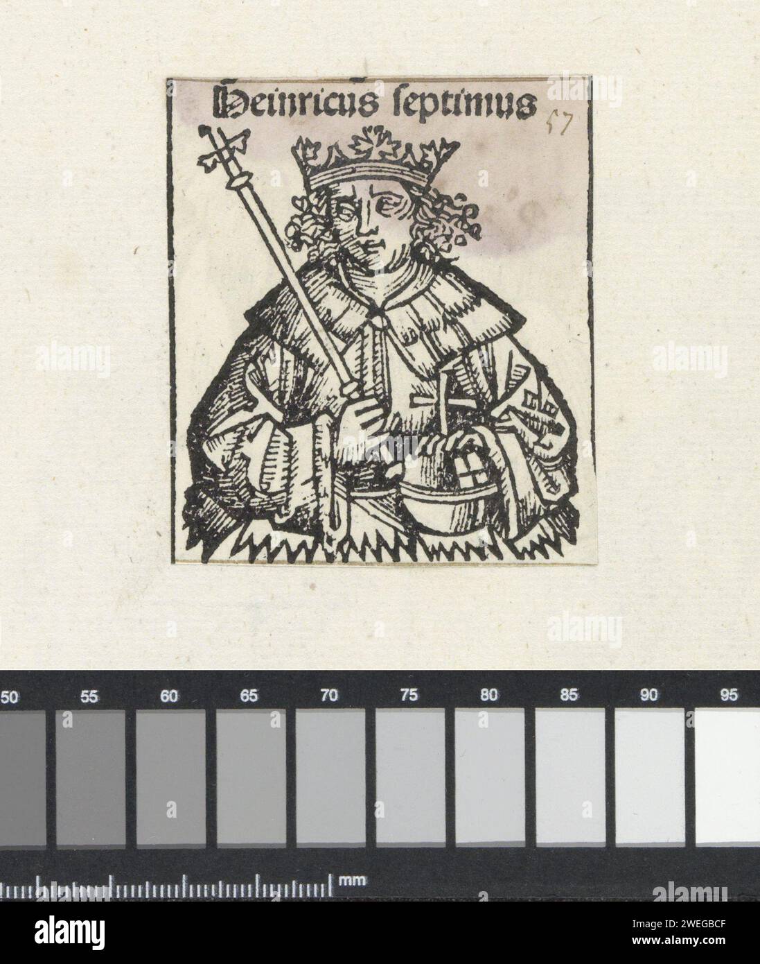 Hendrik Raspe, Michel Wolgemut (Werkstatt von), 1493 drucken Sie Einen Blumenkelch mit einem König, gerichtet nach vorne. In seinen Händen hat er einen reichen Apfel und ein Zepter. Die Show ist Teil der Überraschung Keizers im Liber Chronicarum. Der Text identifiziert den Mann als Hendrik Raspe. Der Ausdruck ist Teil eines Albums. Papier Letterpress Printing King. kaiser Stockfoto