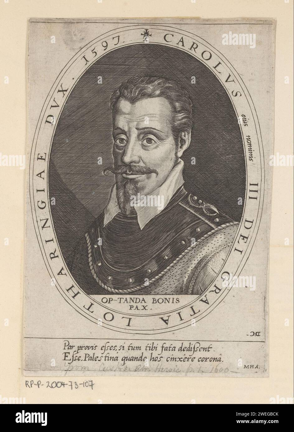 Porträt von Karl III. Herzog von Lothringen, 1597 Druck Text in lateinischer Sprache im Rahmen und am unteren Rand. Drucken ist Teil eines Albums. Papierstich historischer Personen Stockfoto