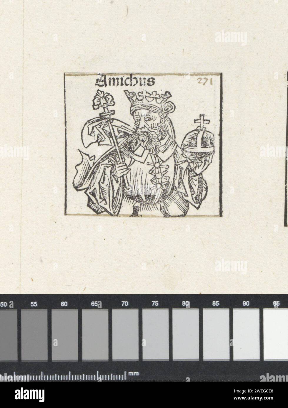 Koning Armaniter, Michel Wolgemut (Werkstatt von), 1493 drucken Eine Blumen-Challenge, in der ein König mit Zepter und sattem Apfel, links. Der Text identifiziert ihn als Armaniter des Assyrischen Königs. Die Aufführung ist Teil der Nachfolge der assyrischen Könige im Liber Chronicarum. Der Ausdruck ist Teil eines Albums. Papier Letterpress Printing King Stockfoto