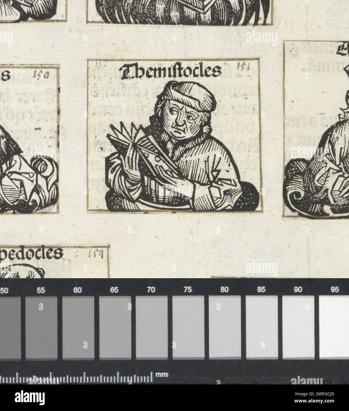 Themistokles, Michel Wolgemut (Werkstatt), 1493 Druck, der einen Mann in einem Buch liest. Der Text identifiziert ihn als den griechischen Themistokles. Der Ausdruck ist Teil eines Albums. Buchdruckmännchen aus der klassischen Geschichte. Messwert Stockfoto