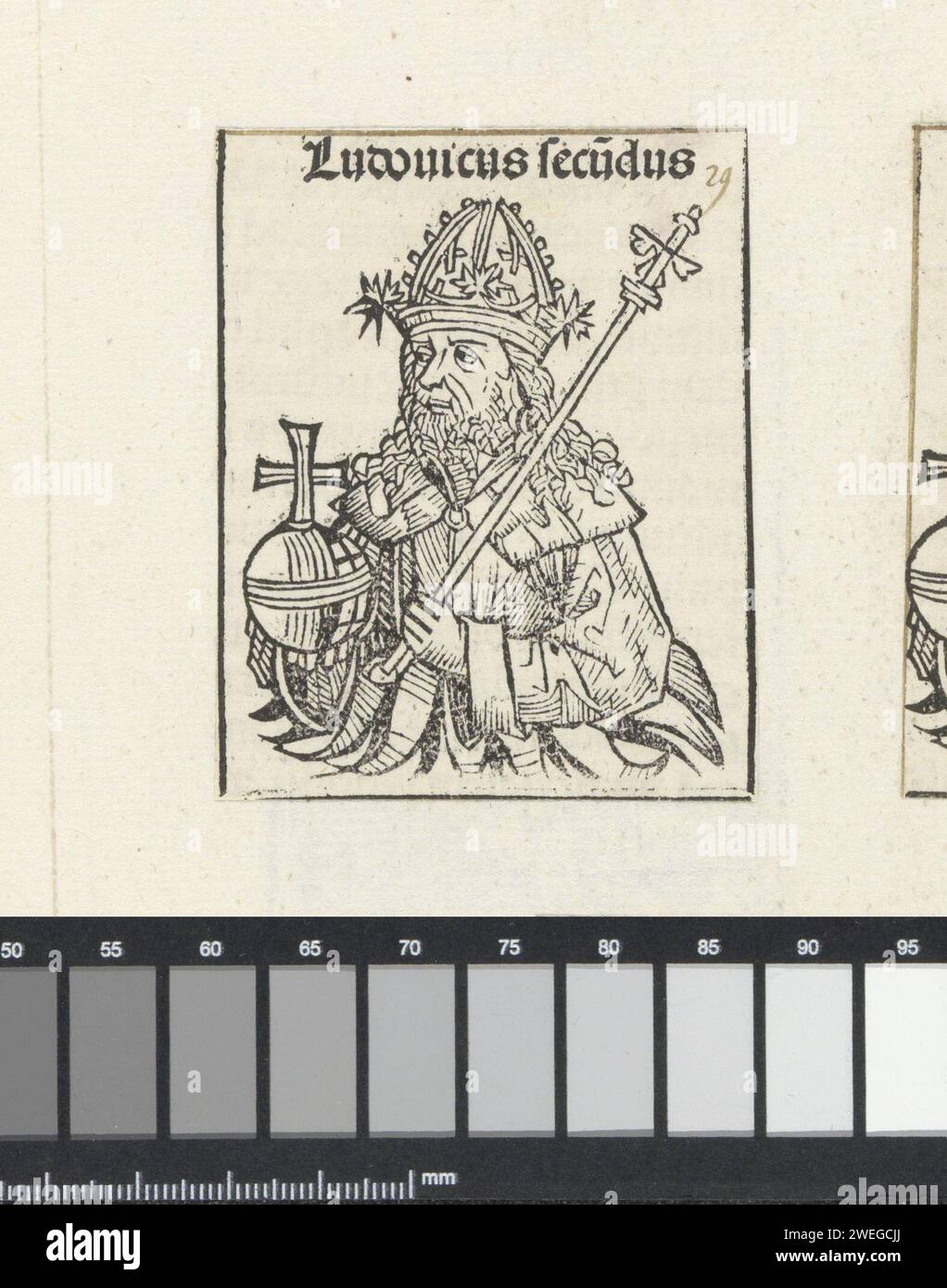 Keizer Lodewijk II., Michel Wolgemut (Werkstatt), 1493 drucken Sie Einen Blumenkelch mit einem König, nach links gedreht. In seinen Händen hat er einen reichen Apfel und ein Zepter. Die Show ist Teil der Überraschung Keizers im Liber Chronicarum. Der Text identifiziert den Mann als Kaiser Lodewijk II., Sohn von Lotharius I. Der Ausdruck ist Teil eines Albums. Papier Letterpress Printing King. kaiser Stockfoto