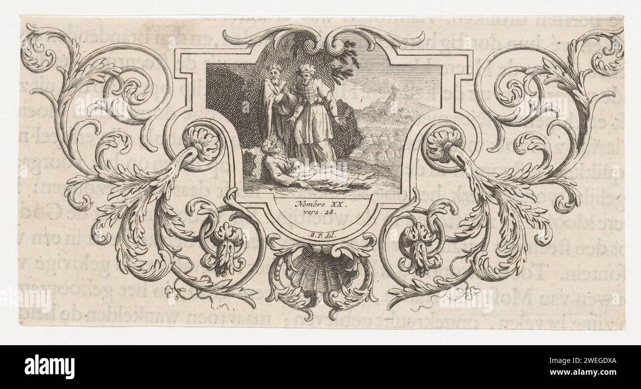 Tod von Aaron, Anonym, nach Bernard Picart, 1683 - 1733 Druck Moses und Eleazer stehen am sterbenden Aaron. Eleazer hat Aarons Priesterkleidung angezogen, weil er seinem Vater folgen wird. In der Mitte eines Verweises auf den Bibeltext in Num. 20:28 Uhr. Die Show ist in einer Zierliste aufgeführt. Papierätzung / Gravur / Buchdruck Moses entfernt Aarons Priestergewänder und legt sie auf Eleazar Stockfoto