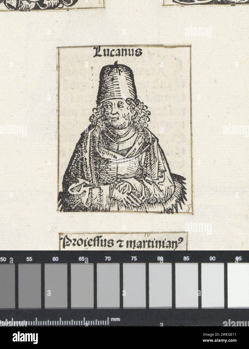 Marcus Lucan, Michel Wolgemut (Werkstatt von), 1493 drucken Sie Einen Blumenkelch mit einem Mann. Er trägt einen Hut. Der Text identifiziert ihn als Marcus Annaeus Lucanus, römischer Dichter. Der Ausdruck ist Teil eines Albums. Buchdruckmännchen aus der klassischen Geschichte Stockfoto