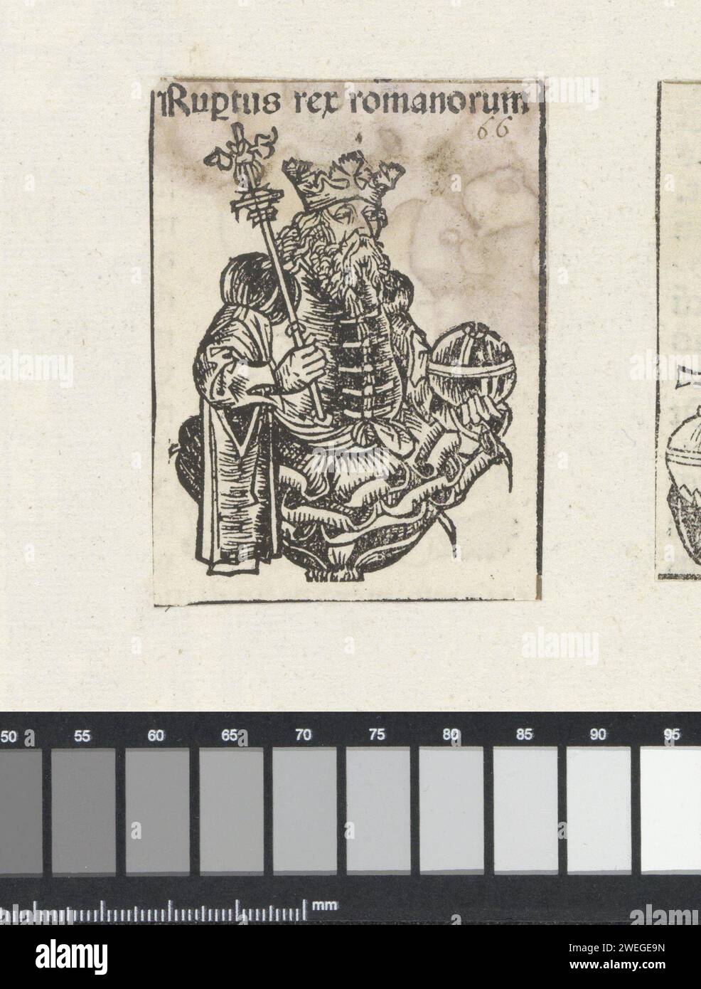 Roman-Koning Ruprecht van de Palts, Michel Wolgemut (Werkstatt von), 1493 drucken Eine Blumen-Herausforderung mit einem König, nach rechts gedreht. In seinen Händen hat er einen reichen Apfel und ein Zepter. Die Show ist Teil der Überraschung Keizers im Liber Chronicarum. Der Text identifiziert den Mann als Ruprecht der Pfalz. Der Ausdruck ist Teil eines Albums. Papier Letterpress Printing King. kaiser Stockfoto