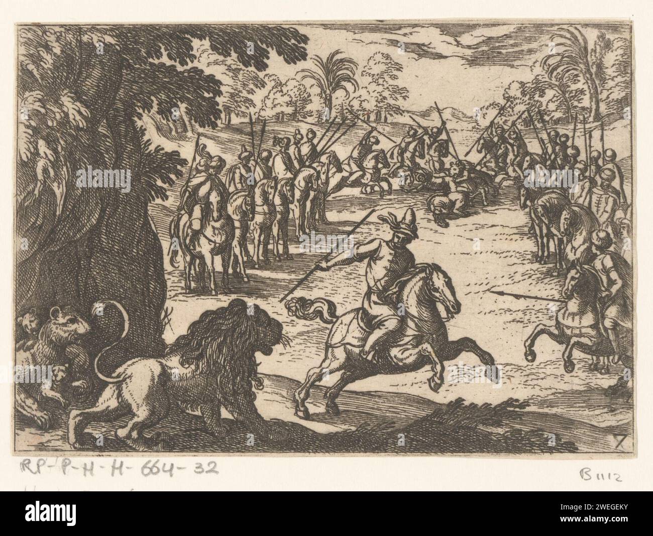 Jagd der Löwen, Antonio Tempesta, 1598 Print Landschaft mit Jägern auf Pferderücken, die Löwen jagen. Papierätzjäger. Jägerjagd (Anmerkung: 1988-1990 bezeichnet diese Notation das Konzept von 43C11421 „Jägerruhende während der Jagd“). Löwenjagd Stockfoto