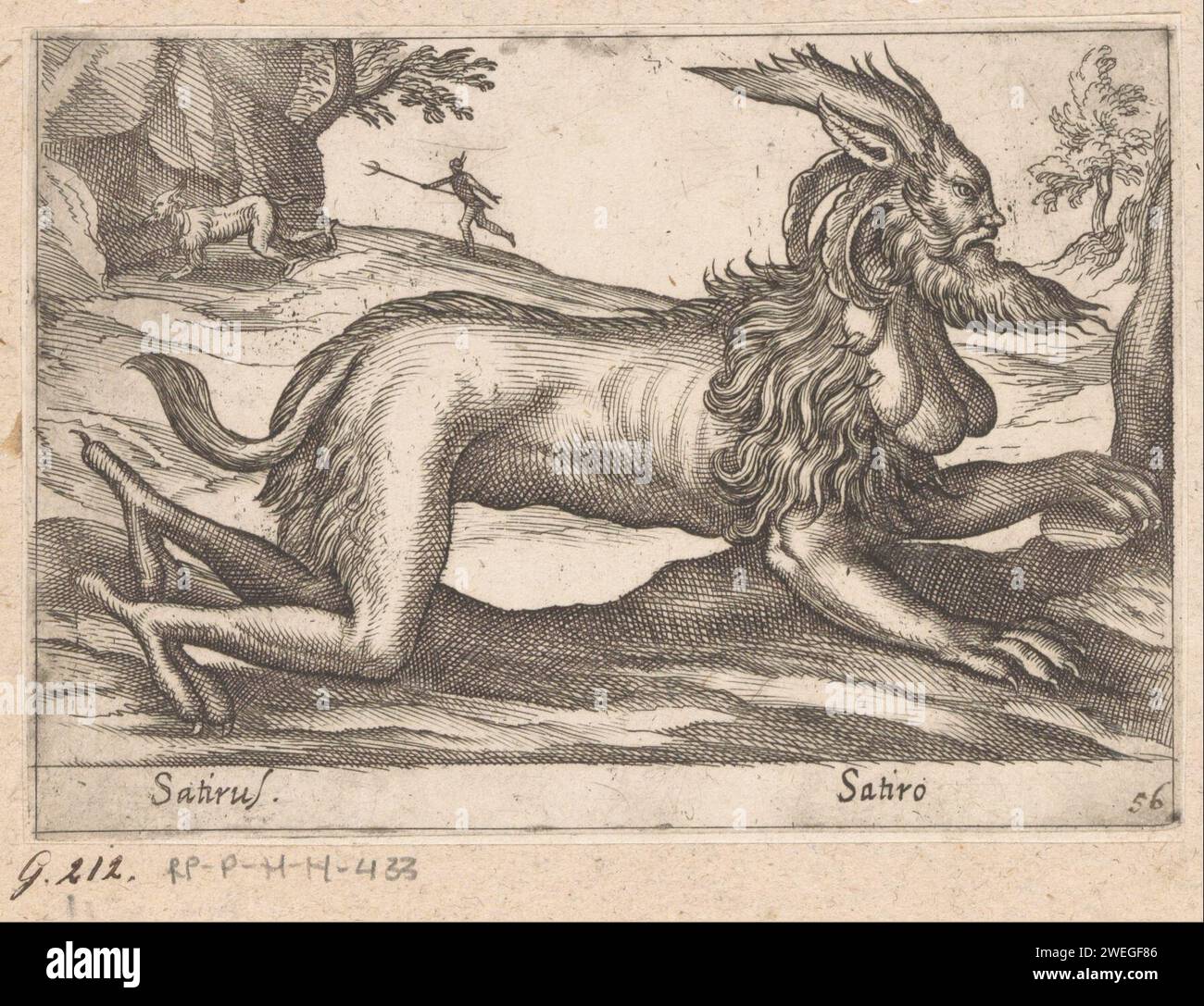 Ein monströses Wesen, Antonio Tempesta, ab 1650 druckt Eine Sphinx-ähnliche Kreatur mit Vogelbeinen hinter und Löwenbeinen. Papierätzung MIS-Shap Tiere; Proben Stockfoto