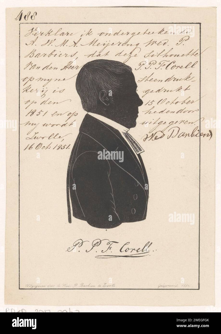 Silhouette Porträt von Petrus Paulus Fredericus Corell, Anonym, 1851 Druck unter dem Porträt die Unterschrift der dargestellten Person. Papierhistorische Personen Stockfoto