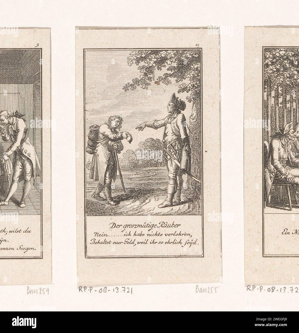 Edelmoedige Rover, Daniel Nikolaus Chodowiecki, 1775 Print Ein Rover ist ein Reisender, der kein Geld damit hat. Der Reisende verspricht, dass er am nächsten Tag zehn Pfund mitbringen wird. De Rover stimmt zu und der Reisende setzt seinen Weg fort. Kurz danach kehrt der Reisende mit zehn Pfund zurück. Er hat das auf der Straße gefunden und fragt den Rover, ob er es vielleicht verloren hat. Der Rover hat kein Geld verloren und weigert sich, die zehn Pfund zu übernehmen. Oben rechts nummeriert: 10. Literatur zum Ätzen von Papier. Reisende von Räubern angegriffen Stockfoto