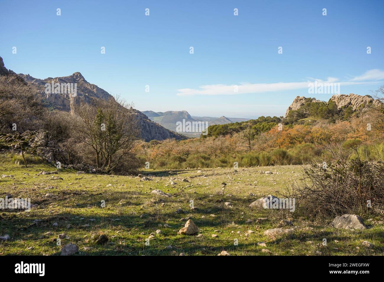 Landschaftlich reizvolle Landschaft mit Kalksteinformationen in Sierra de Camarolos, Hondonero, Andalusien, Südspanien Stockfoto