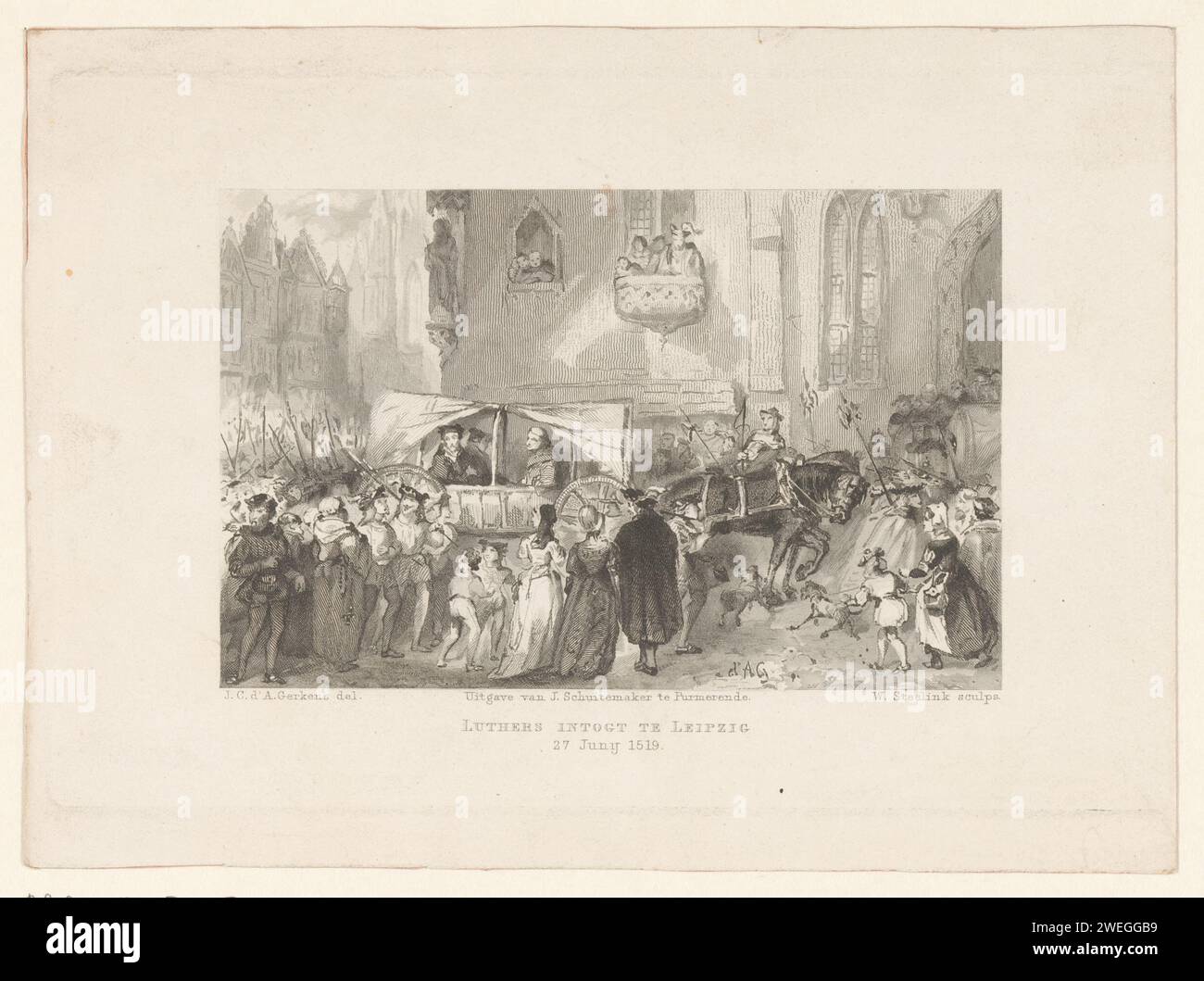 Ankunft Luthers in Leipzig, 1519, Willem Steelink, nach Johannes Christiaan d’Arnaud Gerkens, 1842–1869 Druck Martin Luther kommt unter großem öffentlichen Interesse am 27. Juni 1519 in Leipzig, zur Debatte mit Karlstadt. Papierstahlstich Leipzig Stockfoto