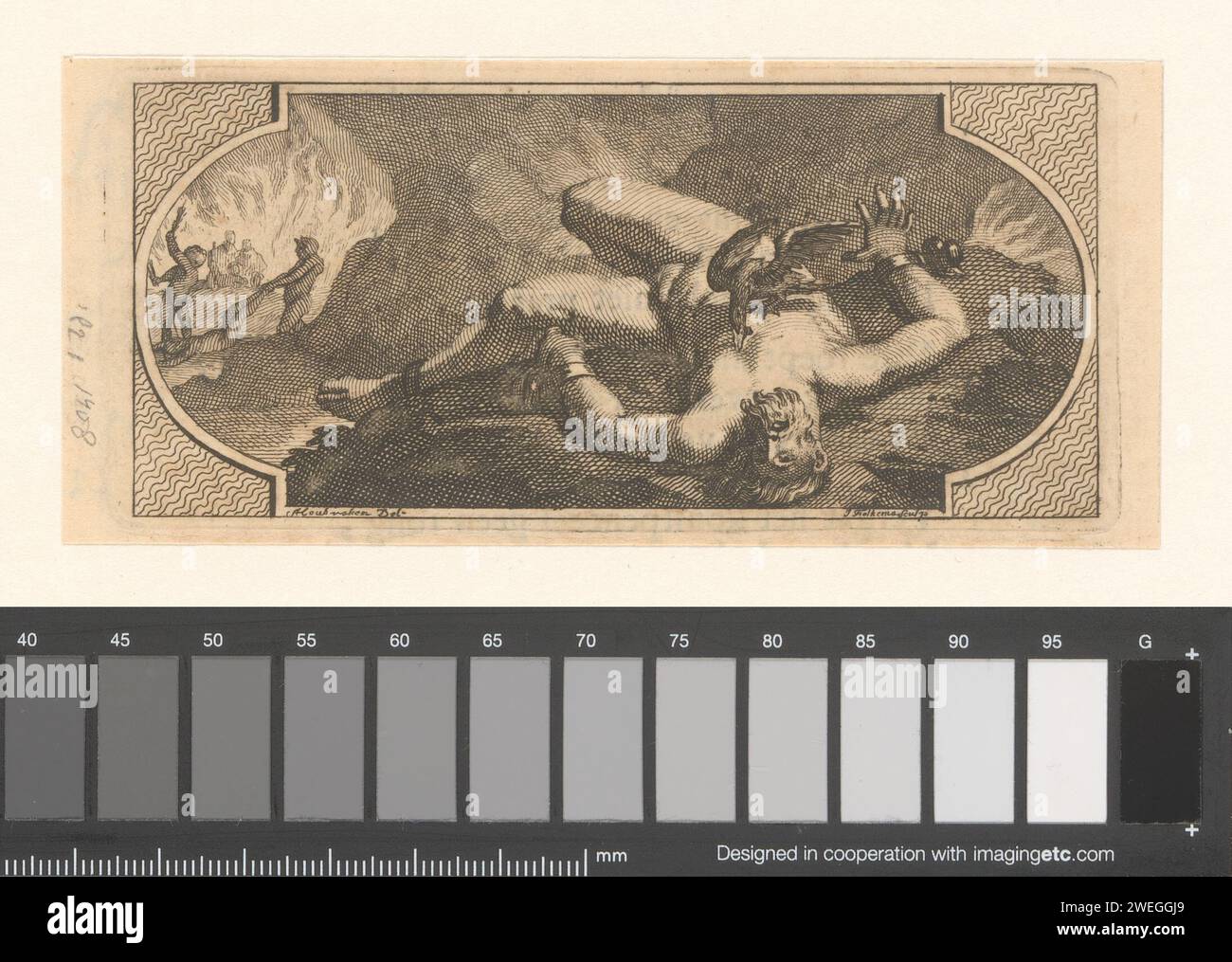 Prometheus an de Rots gekettet, 1729 Abdruck ein Adler nimmt seine Leber auf. Auf der linken Seite, bei dem Feuer, das Prometheus ihnen gegeben hat. Papierätzung / Buchdruck ein Adler trennt Prometheus' Leber. Prometheus bringt Feuer auf die Menschheit Stockfoto