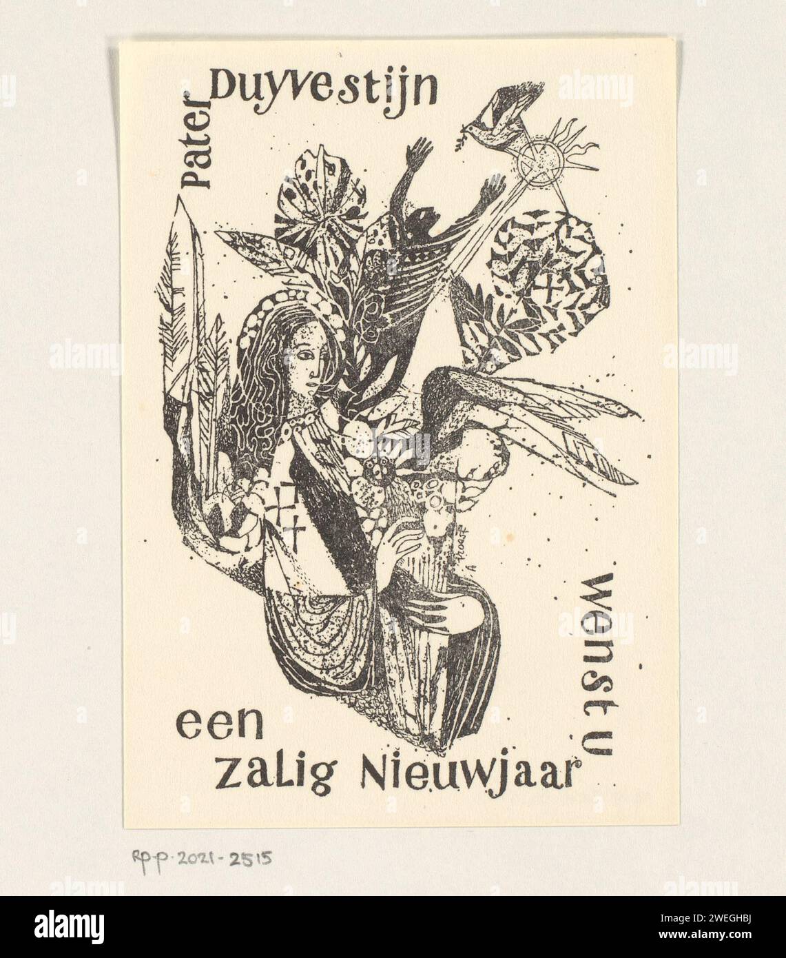 Neujahrswunsch von P. A. Duijvestijn, Anonym, um 1950 - um 2000 fotomechanische Druckabstrakte religiöse Performance. Papierdruckblock Weihnachten (kirchliches fest). Silvester (Dezember 31) Stockfoto