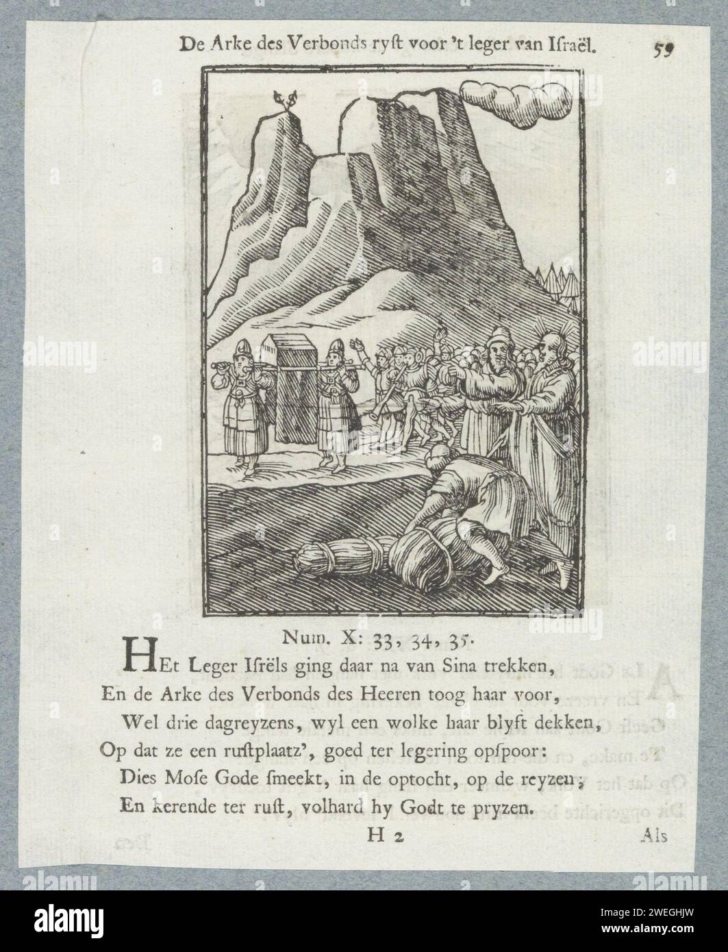 Abfahrt aus der Sinai-Wüste, 1740 Druck die Israeliten verlassen die Sinai-Wüste. Sie schnappen sich ihre Sachen zusammen. Die Lade des Bundes mit dem Herrn ging für sie hinaus. Ein Titel über der Show. Darunter sechs Verse und ein Verweis auf Numeri 10: 33-35. Der Ausdruck ist Teil eines Albums. Buchdruck auf Papier für die Abfahrt vom Berg Sinai (Zahlen 10) Stockfoto