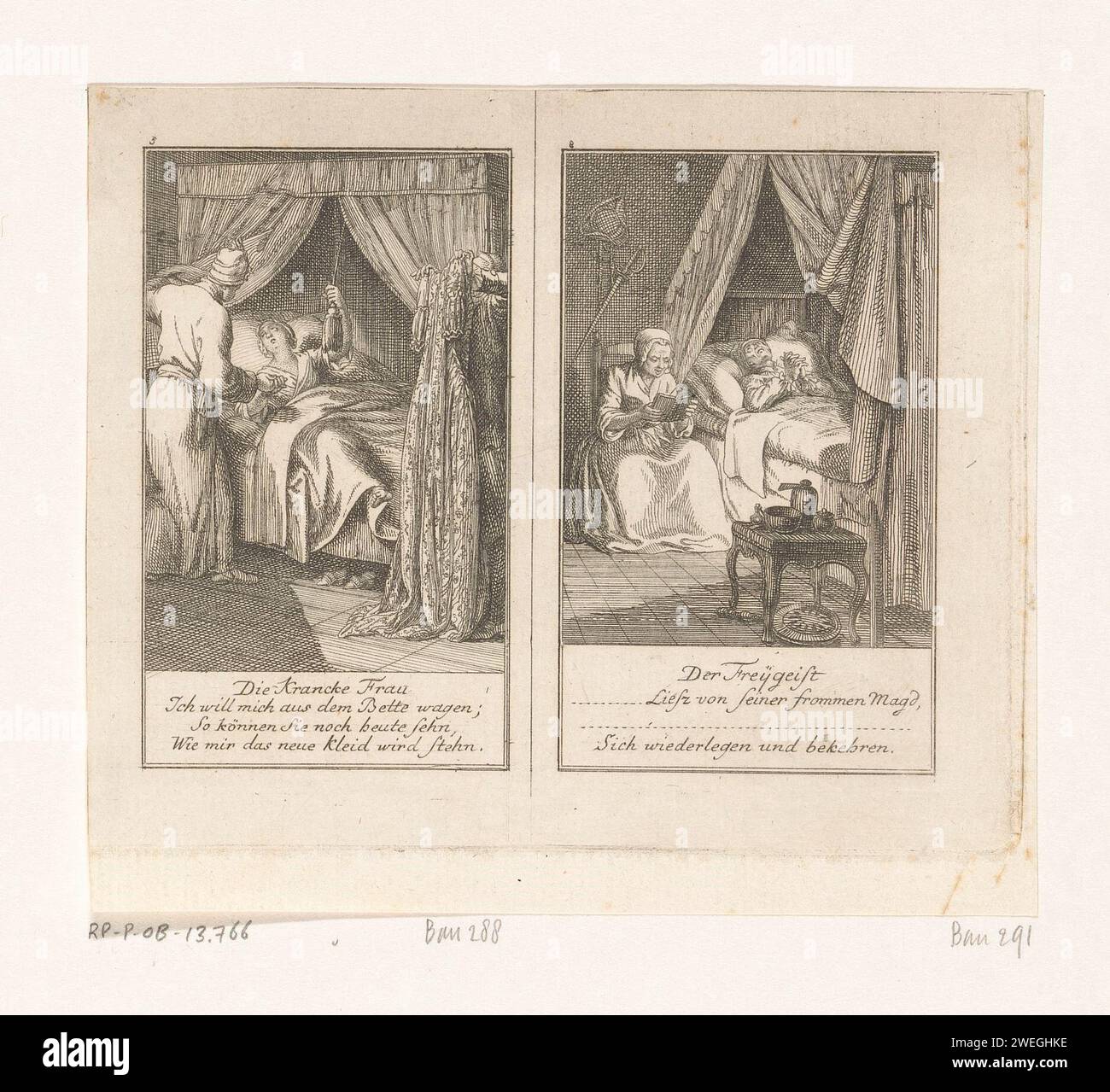 Zwei Szenen aus Gellert's Fabeln, Daniel Nikolaus Chodowiecki, 1776 Druck links, eine junge Frau ist anscheinend tot krank im Bett. Wenn der Schneider ein neues Kleid nimmt, fühlt sich die Frau plötzlich gut genug, es anzupassen. Rechts kann ein Atheist auf seinem Sterbebett von seiner Magd bekehrt werden. Nummeriert: 5 und 8. Literatur zum Ätzen von Papier. Krankenbett. Kleid, Kleid. Sterbebett. Konvertierung und Überzeugung. Zimmermädchen und Hausangestellte Stockfoto