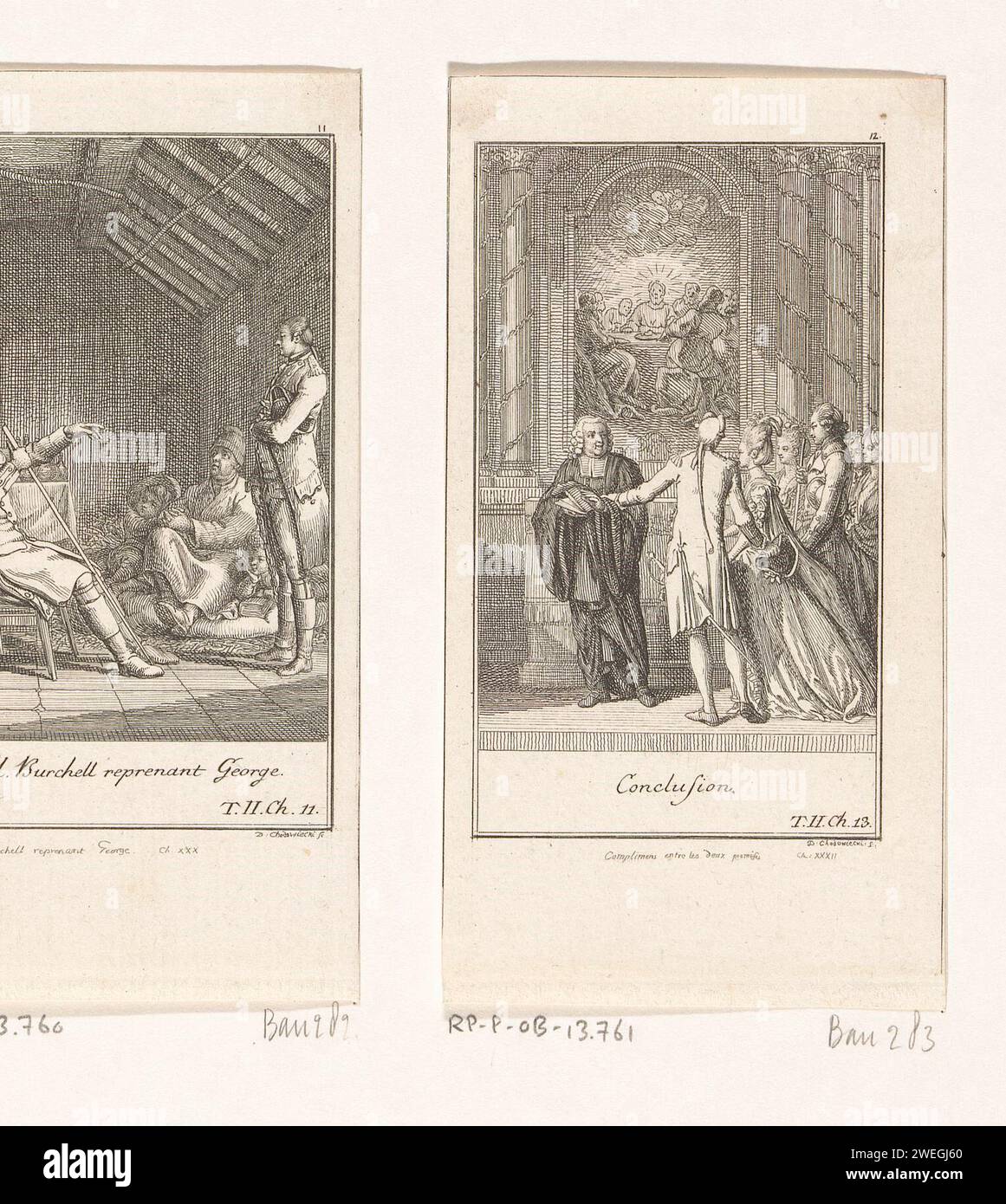 Charles Primrose feiert die Hochzeit seiner Kinder, Daniel Nikolaus Chodowiecki, 1776 Druck Charles Primrose steht für den Altar in seinem Kleid. Neben ihm sind zwei Ehepaare, bestehend aus seinem Sohn George und Arabella und seiner Tochter Sophia und Sir William Thornhill. Oben rechts nummeriert: 12. Papierätzung (GOLDSCHMIED, der Vikar von Wakefield) spezifische Werke der Literatur (mit AUTOR, Titel). (Zivile) Trauungen Stockfoto