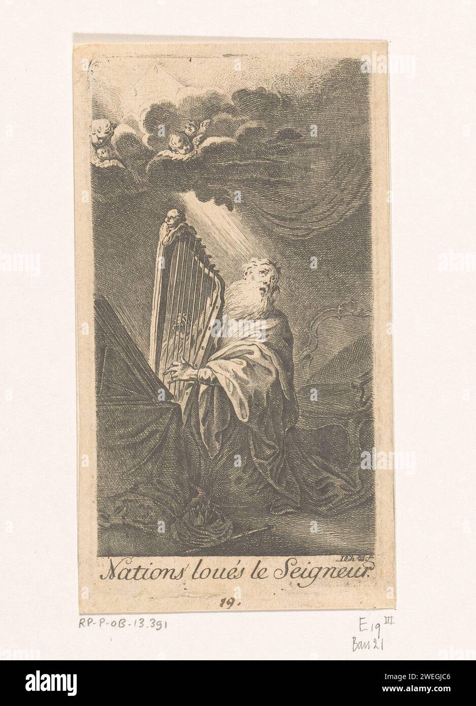 Koning David, Daniel Nikolaus Chodowiecki, 1759 Druckpapier, das David ätzt (nicht im biblischen Kontext); mögliche Attribute: Krone, Harfe Stockfoto