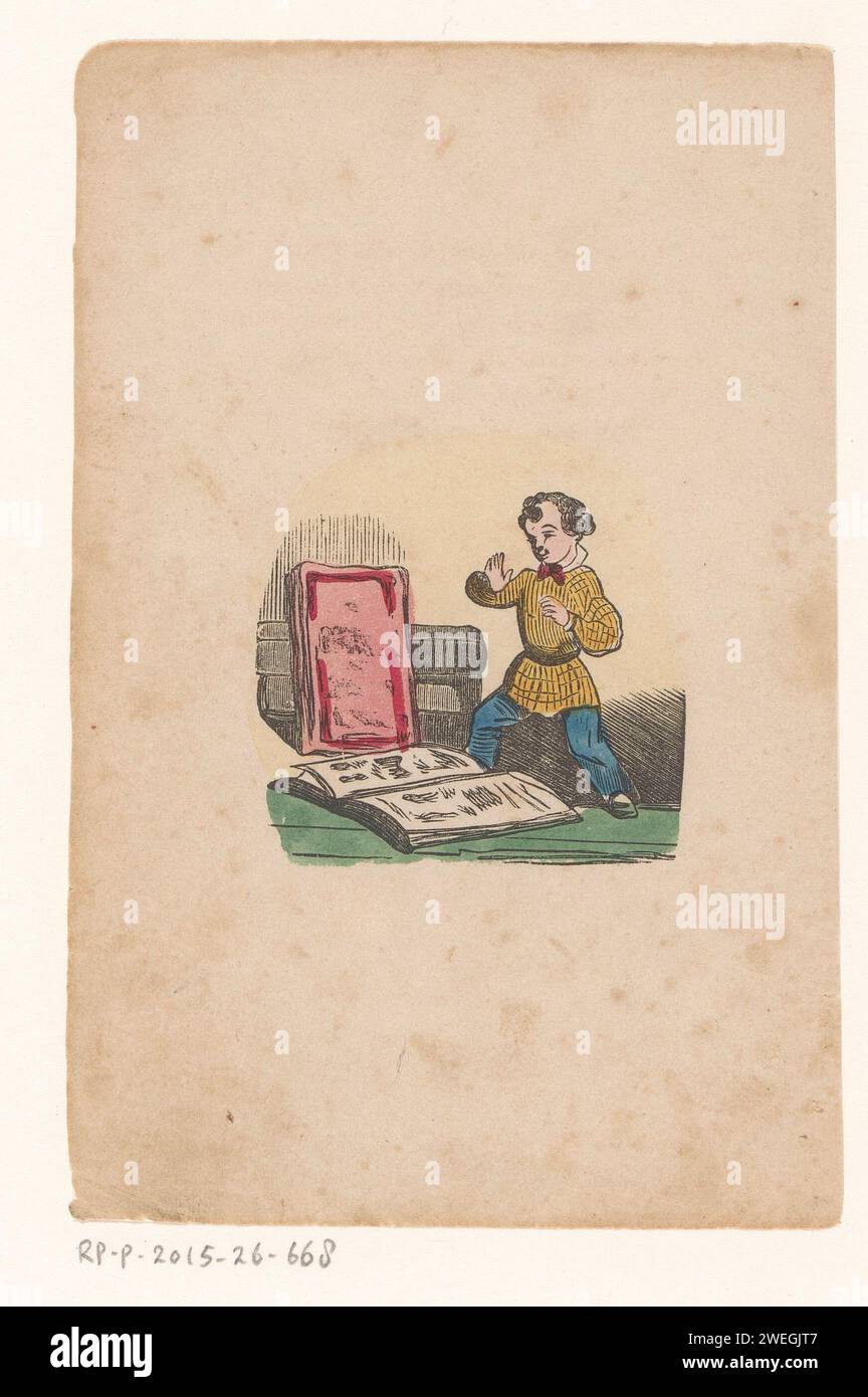 Junge für ein offenes Buch, 1800 - 1899 gedrucktes Papierbuch Stockfoto