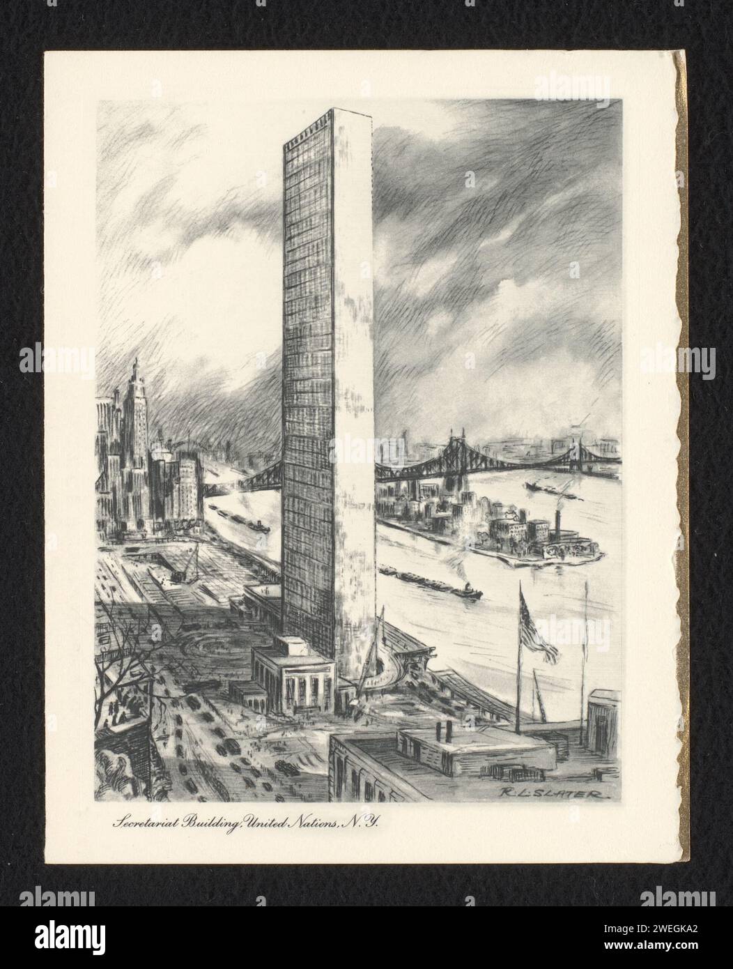 Weihnachten und Neujahrswünsche von Mr. Und Mrs. David Bingham, Anonym, nach R.L. Slater, um 1950 - um 2000 fotomechanischer Druck. Druckansicht von New York. Mit dem Text: „Season's Greetings with BEST wishes for the next year.“ (Season's Greetings with BEST wishes for the next year) Mr. Und Mrs. David Bingham mit dekorativen Initialen und holly-Blättern verziert. Papiergravur / Buchdruckbrücke in der Stadt über Fluss, Kanal usw. Stadtblick im Allgemeinen; „Veduta“ New York (Stadt) Stockfoto