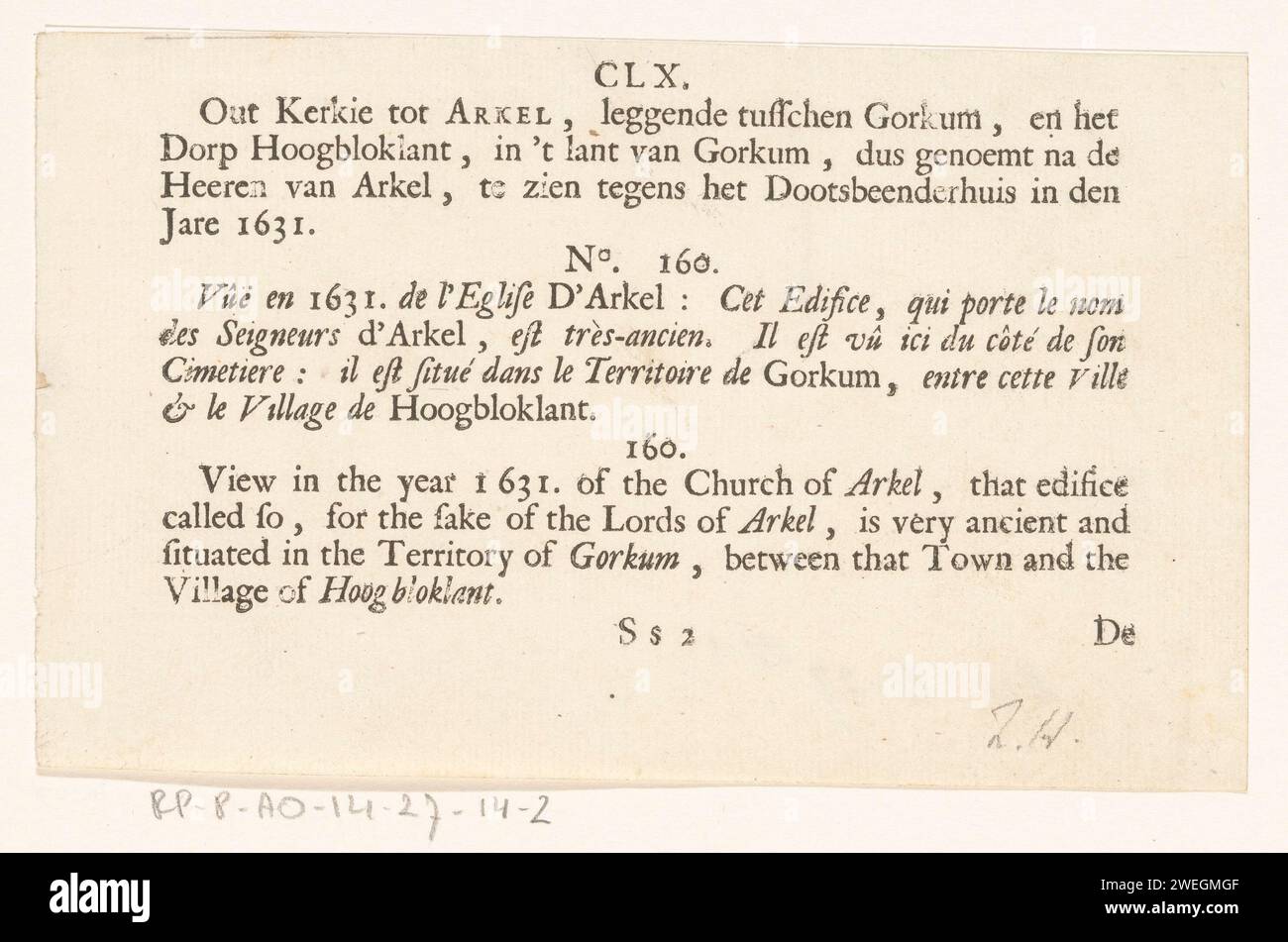 Beschreibung nach Ansicht der Kirche in Arkel, Willem Barents, 1725 Textblatt Beschreibung an einem Gesicht an der Kirche in Arkel aus dem Kabinett der niederländischen Oberarge und Gesichter: Enthalten in 300 Konstplaaken […]“. Papier Buchdruck / Gravur Arkel Stockfoto