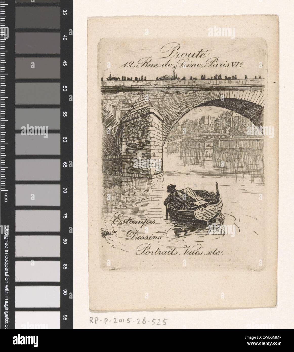Visitenkarte des Druckers Victor Prouté in Paris, 1876 - 1917 drucken Sie Einen Mann in einem Boot auf der seine für die Pont Royal, die Pont du Caroussel im Hintergrund. Papierätzbrücke. Ruderboot, Kanu usw. Pont Royal. PONT YOU CARICES. Ofinhe Stockfoto