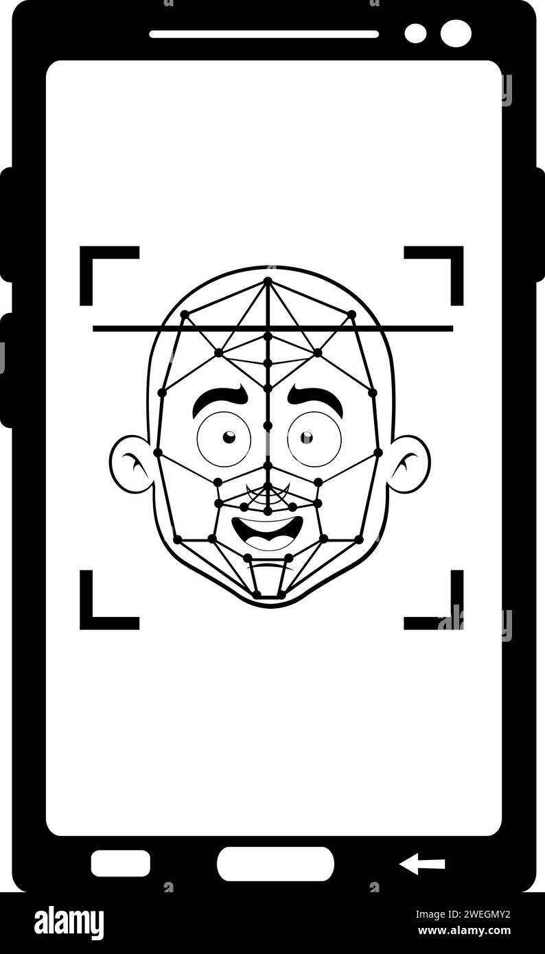 Vektorzeichnung Illustration Smartphone-Gerät scannt Glatze man Kopf, Gesichtserkennung Konzept, gezeichnet in Schwarz-weiß Stock Vektor