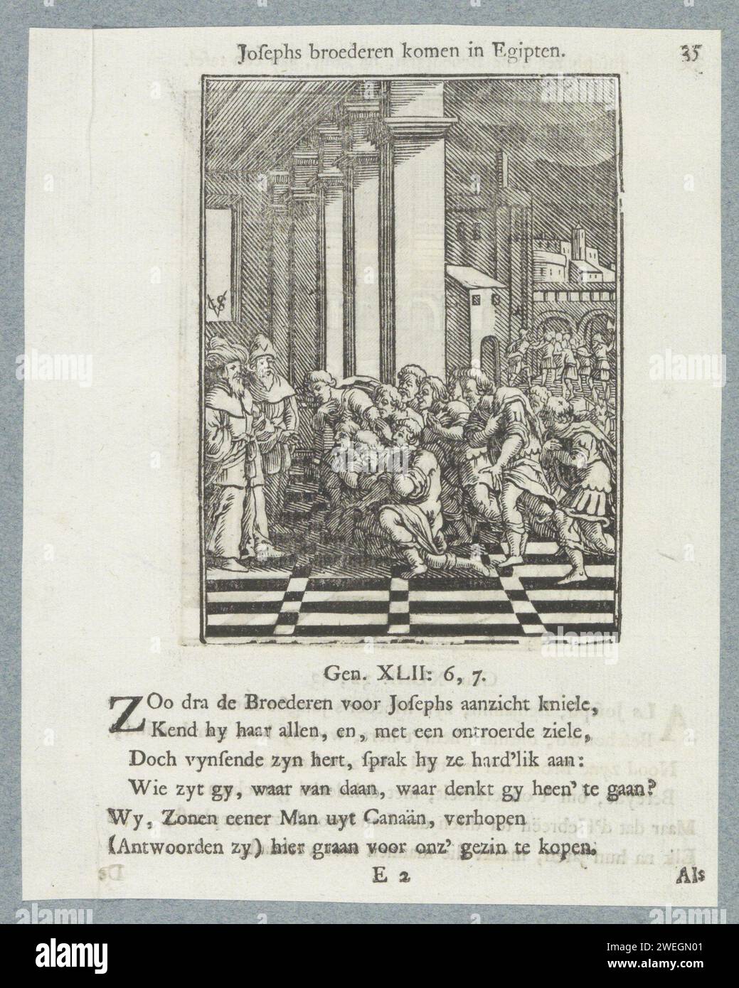 Jozefs Brüder knien für ihn in Ägypten, 1740 drucken zehn von Jozefs Brüdern, die nach Ägypten kamen, um Getreide zu kaufen. Die Brüder knien für Joseph, den sie nicht als ihren Bruder erkennen, und versuchen zu erklären, wer sie sind. Ein Titel über der Show. Unter sechs Versen und ein Verweis auf Genesis 42: 6-7. Der Ausdruck ist Teil eines Albums. Buchdruck aus Papier gab zu, dass sich die Brüder vor Joseph verbeugen Stockfoto