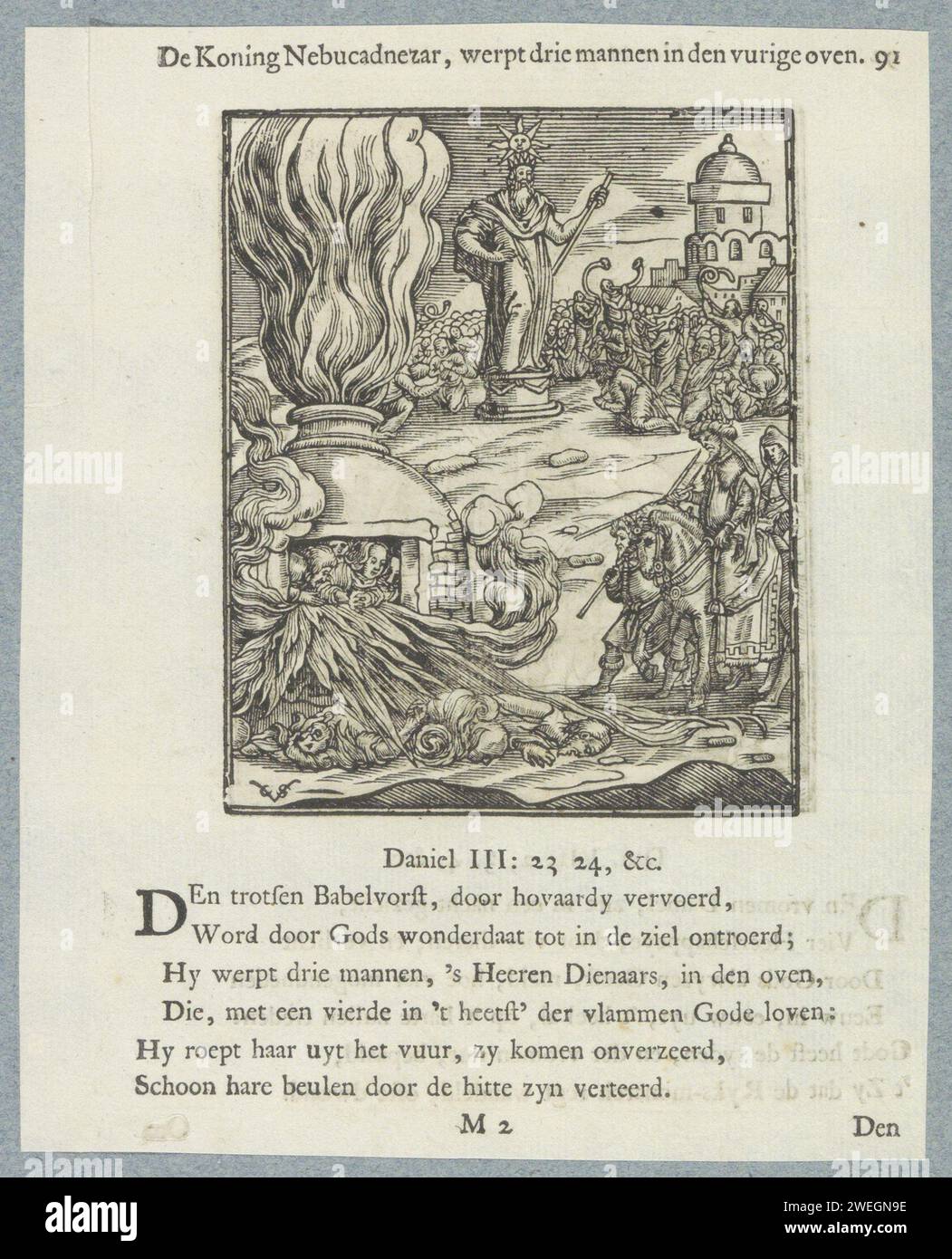 Männer im Feuerofen, 1740 drucken den babylonischen König Nebukadnezar zu Pferd und sehen umgeben von Soldaten, wie Sadrak, Mesak und Abednego im brennenden Ofen auf wundersame Weise von einer vierten Figur unterstützt werden, was den König dazu veranlasst, den Befehl zu ihrer Rettung zu geben. Vor dem Ofen sind drei Männer, die durch die brennenden Flammen vom Feuer getötet wurden. Im Hintergrund kniende Figuren um die goldene Statue, die Sadrak, Mesak und Abednego weigerten, anzubeten. Ein Titel über der Show. Unter sechs Versen und einem Verweis auf Daniël 3:23-24. Der Ausdruck ist Teil eines Albums. Stockfoto