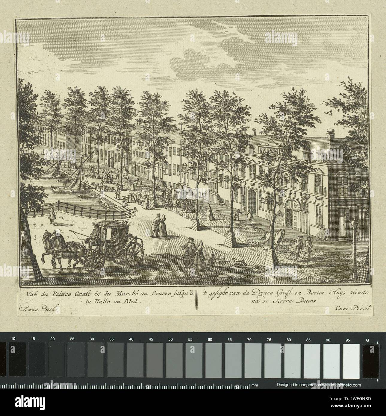 Ansicht der Prinsegracht in den Haag, Adolf van der Laan (zugeschrieben), nach Daniël Marot (II), in oder nach 1717 Druck Ansicht der Prinsegracht in den Haag, vom Boterwaag an der Ecke mit dem Groten Markt zum Koorenhuis. Papiergravur Straße (+ Stadt (-Landschaft) mit Figuren, Personal). Brücke in der Stadt über Fluss, Kanal usw. Prinsegracht. Boterwaag. Chorenhuis Stockfoto