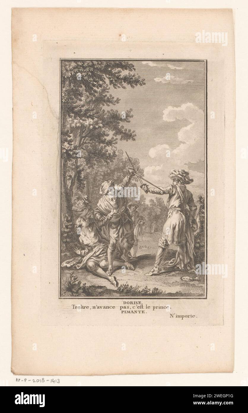 Szene uit Clitandre Puts Duellerend Figuren, Noël Le Mire, nach Hubert Francois Gravelot, 1763–1764 Druckpapier-Ätztheater, Theateraufführung. Duell Stockfoto