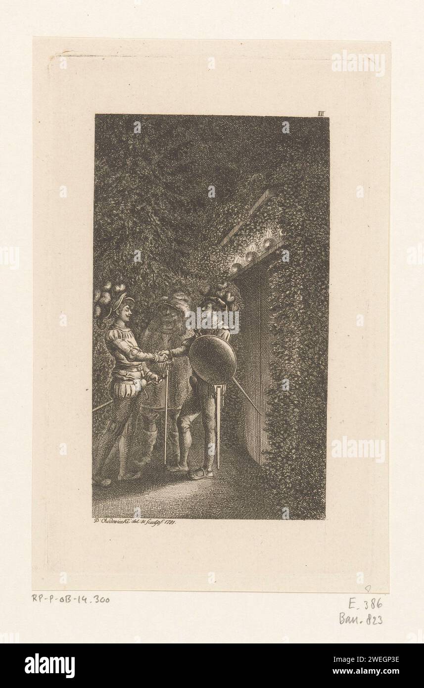 Hialte und Hignher planten die Ermordung von Rolf Krage, Daniel Nikolaus Chodowiecki, 1781 Druck oben rechts: II Papierätznacht. (Revolutionäre) Verschwörung. Hände schütteln, 'Dextrarum junctio'. Geschlossene Tür Stockfoto