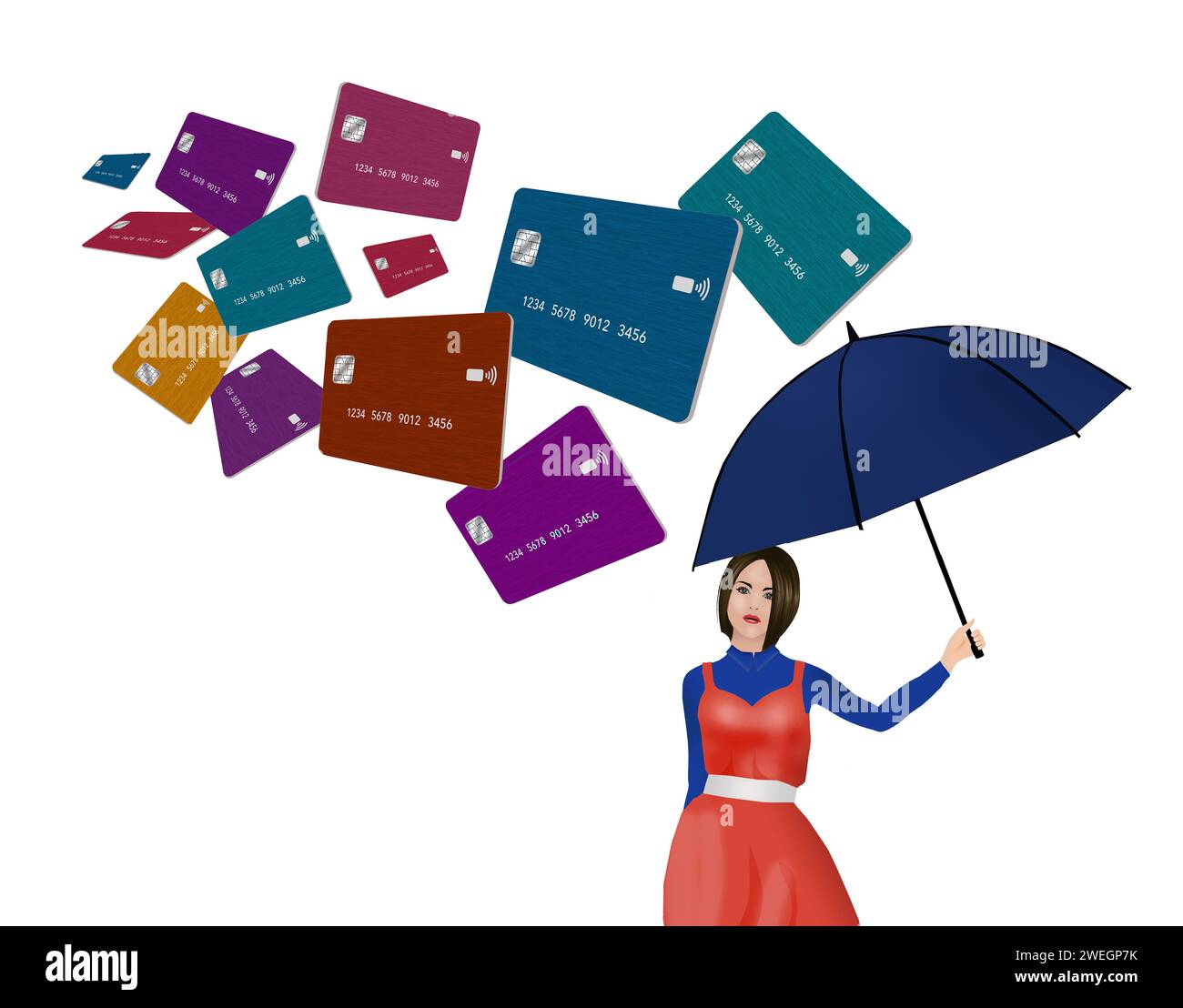 Eine junge Frau nutzt einen Regenschirm, um zahlreiche Kreditkartenangebote abzulenken, die sie in dieser 3D-Illustration per Post und online erhält. Stockfoto