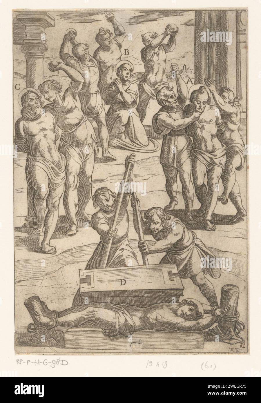 Folter: Steinigung und Zerquetschung, Antonio Tempesta, 1565 - 1630 Druck in der Mitte: 61. Papierätzfolter. Gewalttätiger Tod  Misshandlung, Folter Stockfoto