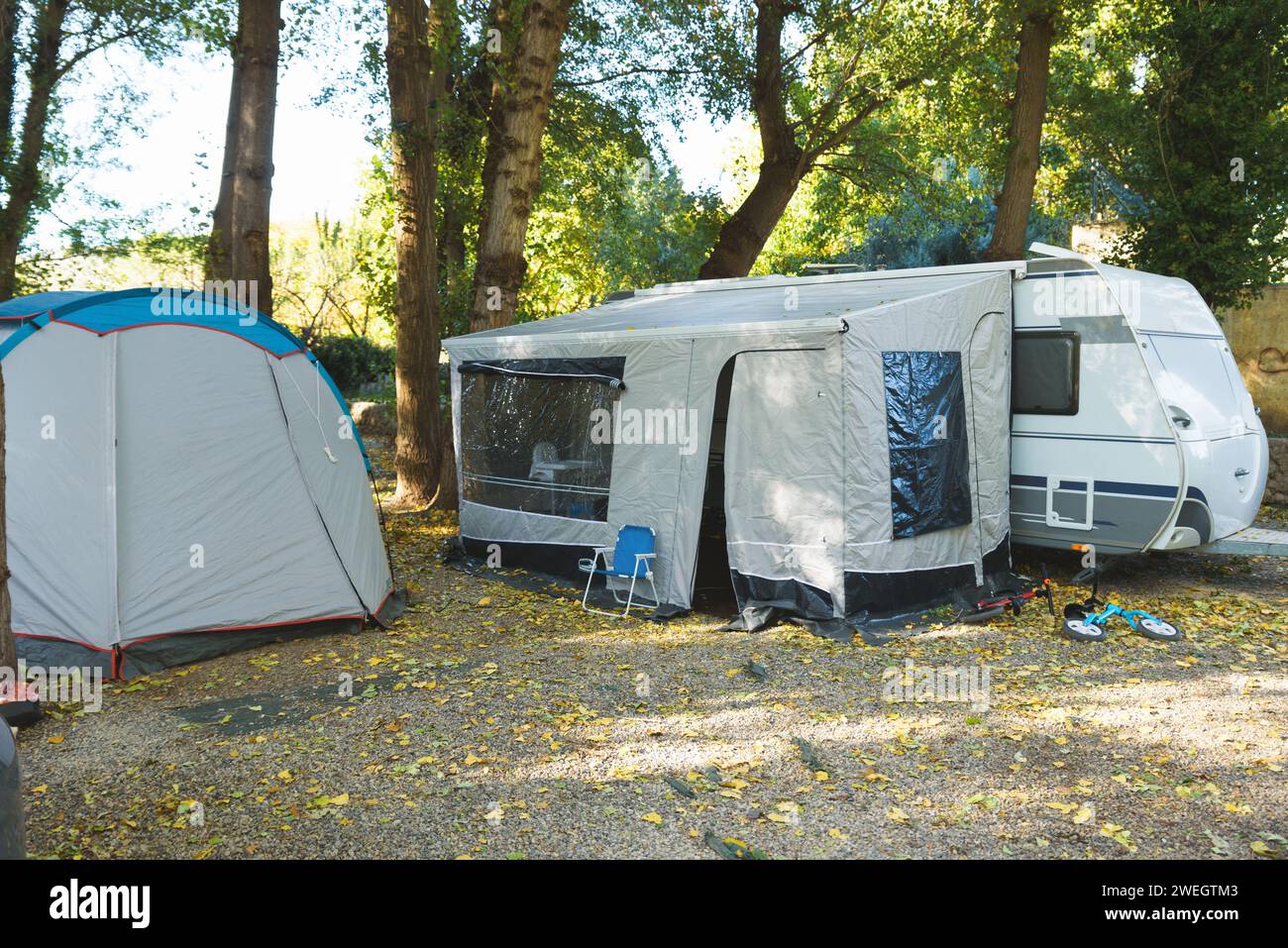 Zelte für Gruppencamping auf der grünen Graswiese. Mehrere blaue Instant-Up-Zelte auf einem Campingplatz. Stockfoto