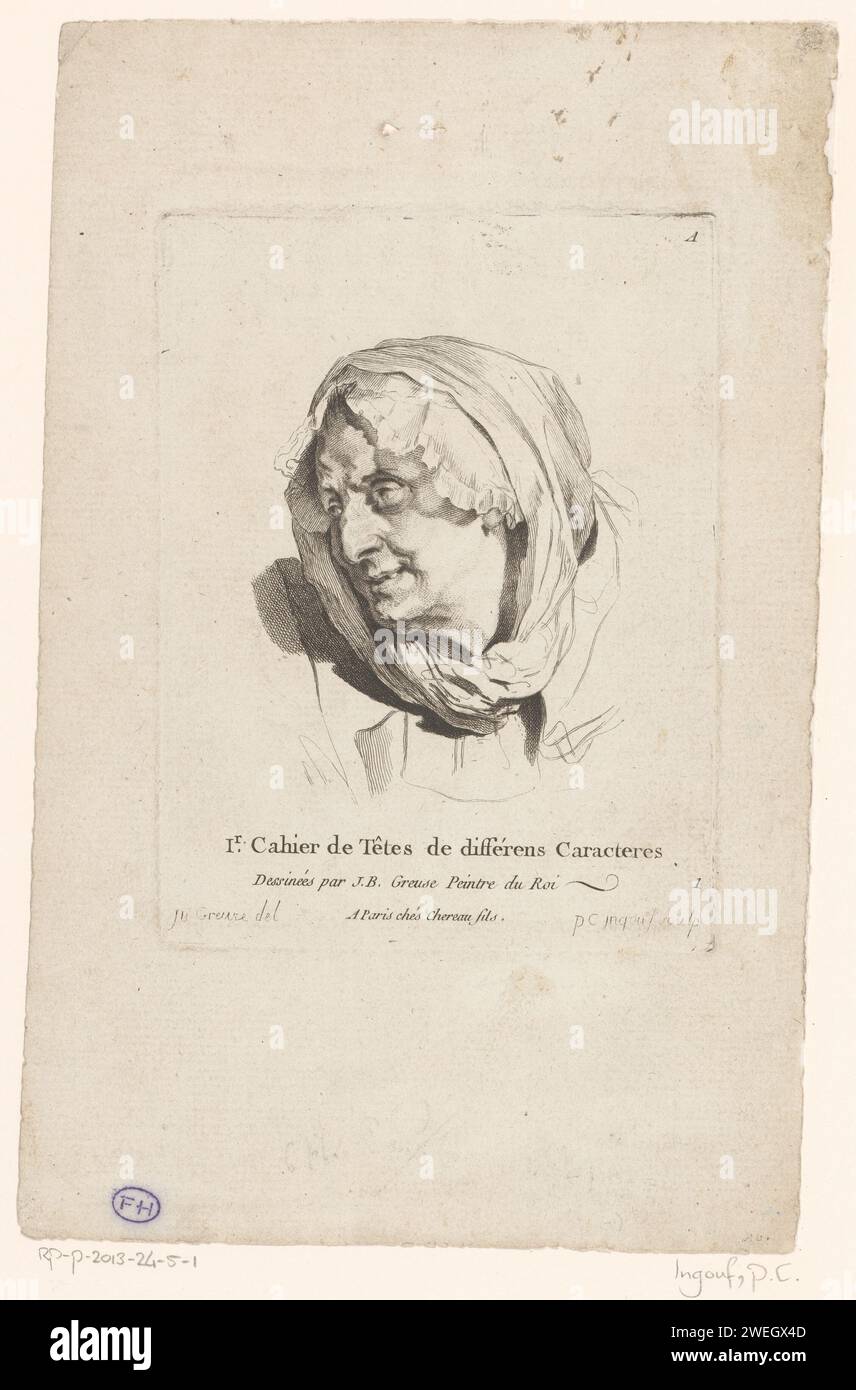 Titeldruck mit dem Kopf einer älteren Frau, nach links gedreht, Pierre Charles Ingouf, nach Jean-Baptiste Greuze, um 1766 Druckpapier Radierung / Gravur alte Frau Stockfoto