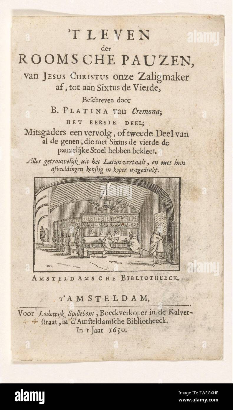 Bibliothek von Amsterdam, Anonym, 1650 gedruckte Leser am Tisch in der Stadt und athenaeum Bibliothek von Amsterdam um 1650. Wird als Druckermarke vom Buchhändler und Verlag Lodewijk Spillebout verwendet. Papier Buchdruck öffentliche Bibliothek. Amsterdam wird gelesen Stockfoto
