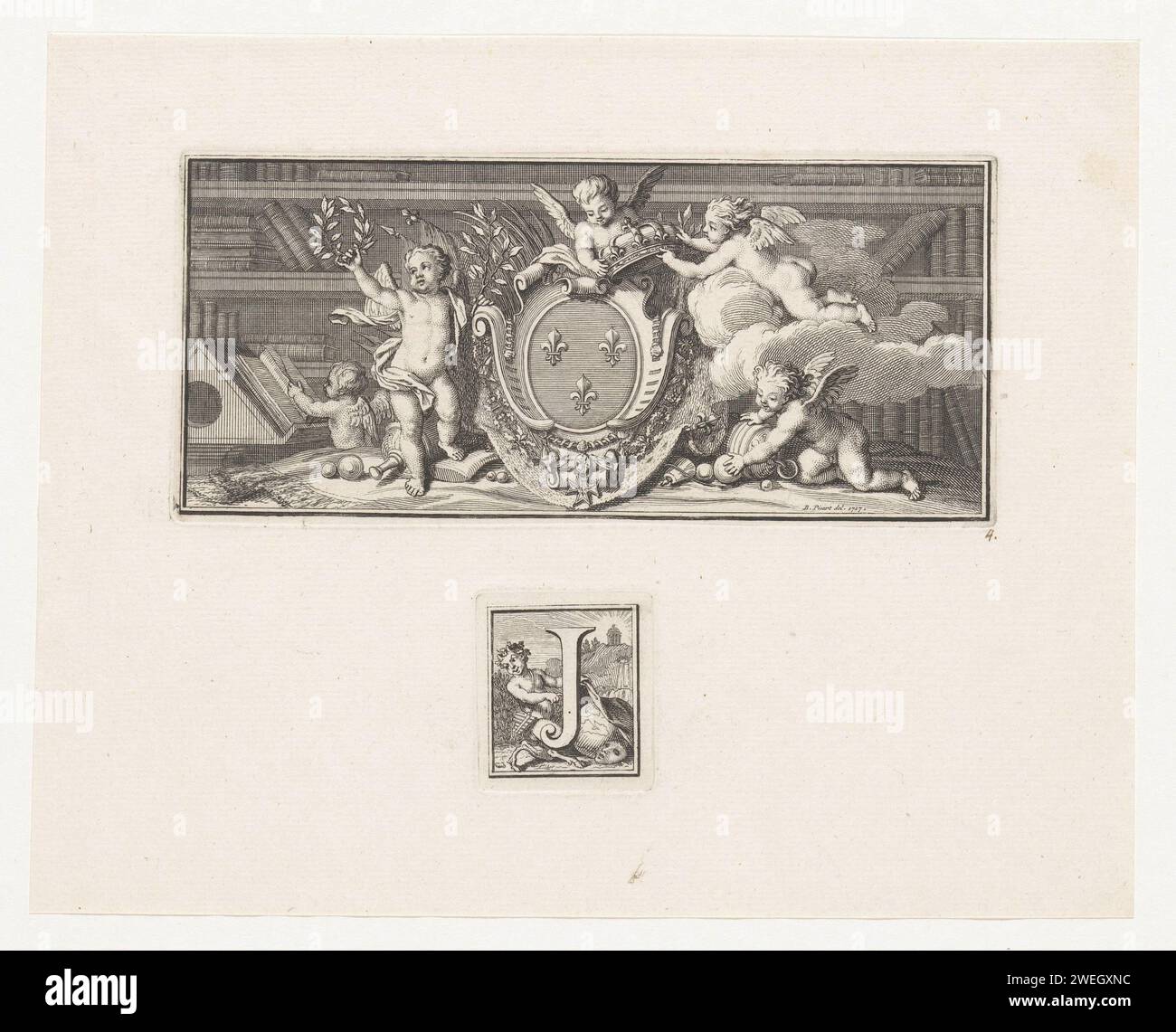 Wappen von König Ludwig XIV. Von Frankreich und der Buchstabe J mit Pan, Anonym, nach Bernard Picart, 1717 im Hintergrund Pan, Anonym, nach Bernard, 1717 drucken zwei Aufführungen auf einem Blatt. Oben: Das Wappen von Ludwig XIV., König von Frankreich, mit in der Mitte des Ordens des Heiligen Geistes, wird von Putti gekrönt. In den Bücherregalen im Hintergrund. Unten: Der Buchstabe J mit PAN, der den Globus und eine Maske entlastet. Im Hintergrund der Parnassos. Papierätzung / Gravur Wappen (als Symbol des Staates usw.). Studium; „studiolo“; Bibliothek. Cupiden: „amores“, „amoretti“ Stockfoto