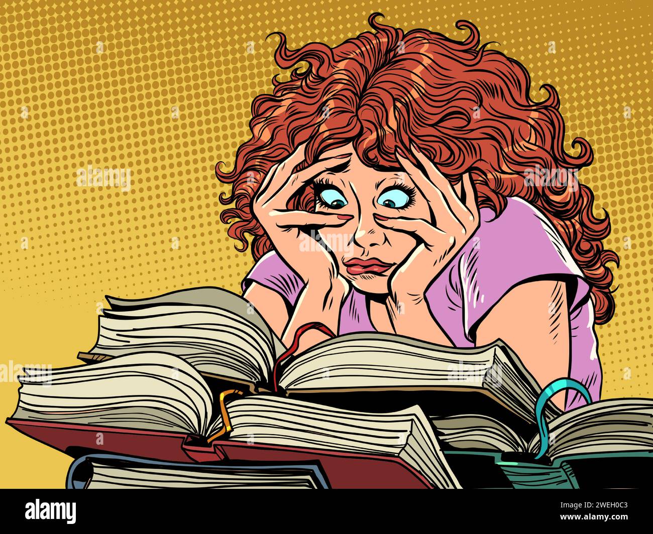 Eine schwierige Sitzung quält die Schülerin und ihre Gesundheit. Eine Frau unter einer riesigen Anzahl von Büchern. Buchhandlung mit einer riesigen Auswahl. Comic-Comic-Pop-Art Stock Vektor