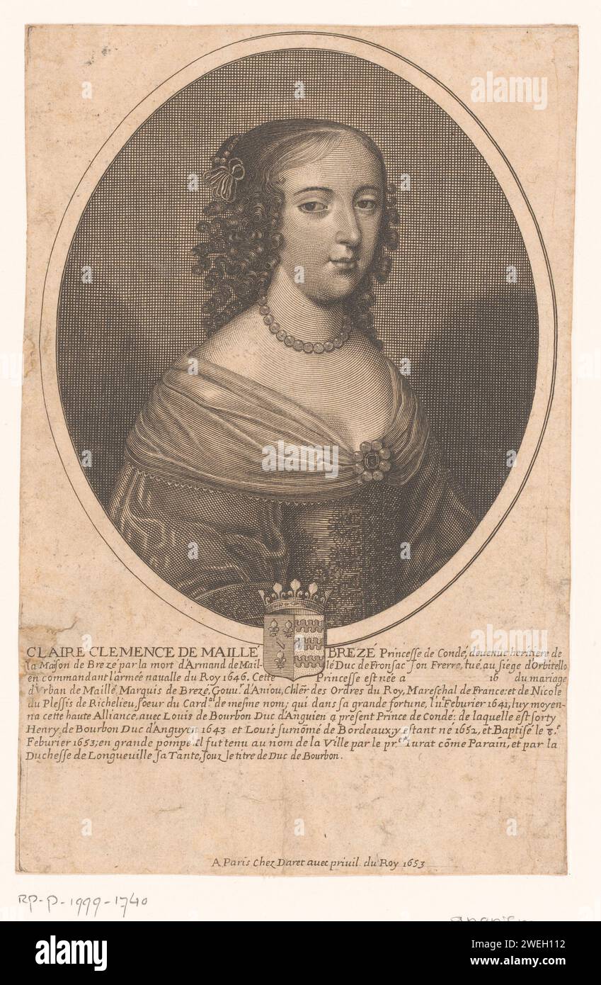 Portret van Claire Clémence de Maille Brezé, Anonym, Pierre Daret (möglich), 1653 Druckpapier mit Gravur historischer Personen. Waffenlager, Heraldik Stockfoto