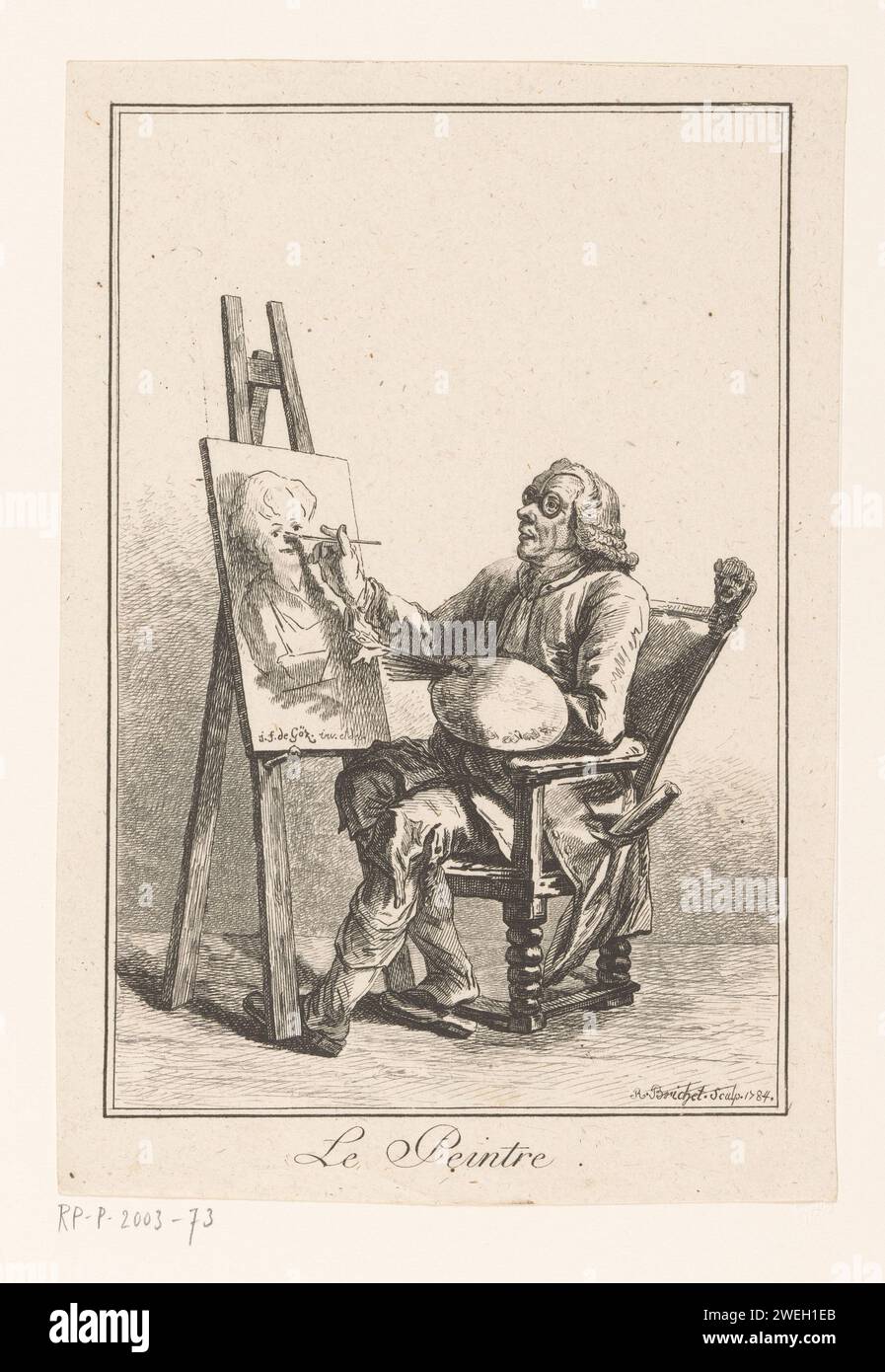 Maler sitzend auf einem Stuhl hinter seinem Esel, Robert Brichet, nach Joseph Franz Freiherr von Goez, 1784 Druck Malerei mit Brille, sitzend hinter einem Esel, mit seiner Palette in der linken Hand. Er arbeitet am Porträt einer Frau. Papierätzmaler bei der Arbeit, in seinem Atelier. Brillen, Brillen. Staffelei Stockfoto