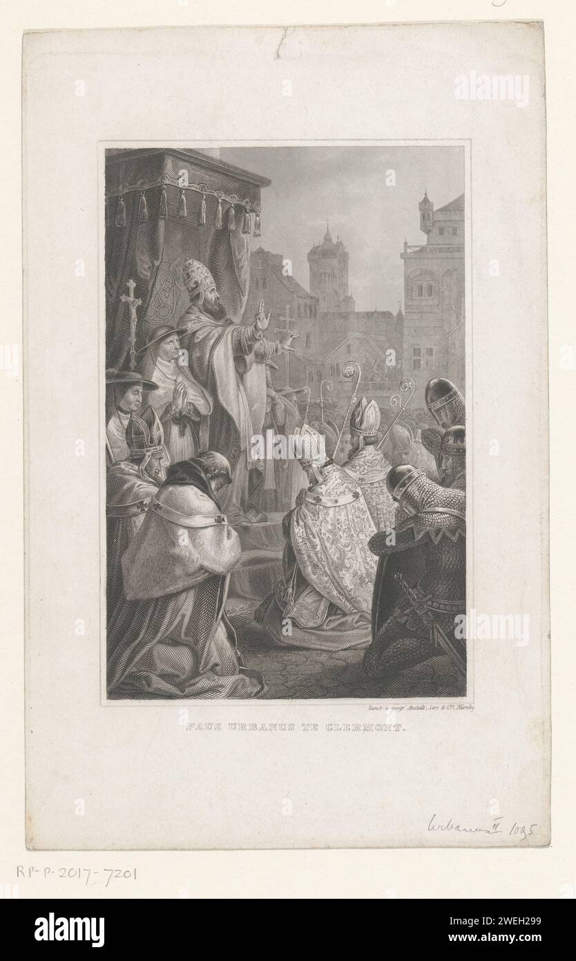 Paus Urbanus II te Clermont-Ferrand, 1095, anonym, 1800 - 1899 Druck Papst Urbanus II. In Clermont-Ferrand, 1095. Die aus breitete sich öffentlich auf einem Platz aus, Bischöfe und Ritter knieten vor ihm nieder. Dies könnte der Rat von Clermont-Ferrand am 18. November 1095 mit dem Aufruf zum ersten Kreuzzug sein. Papierstahl-Gravurpredigt (allgemein). papst. Militante Missionierung: Religiöser Krieg, Kreuzzug usw. Clermont-Ferrand Stockfoto