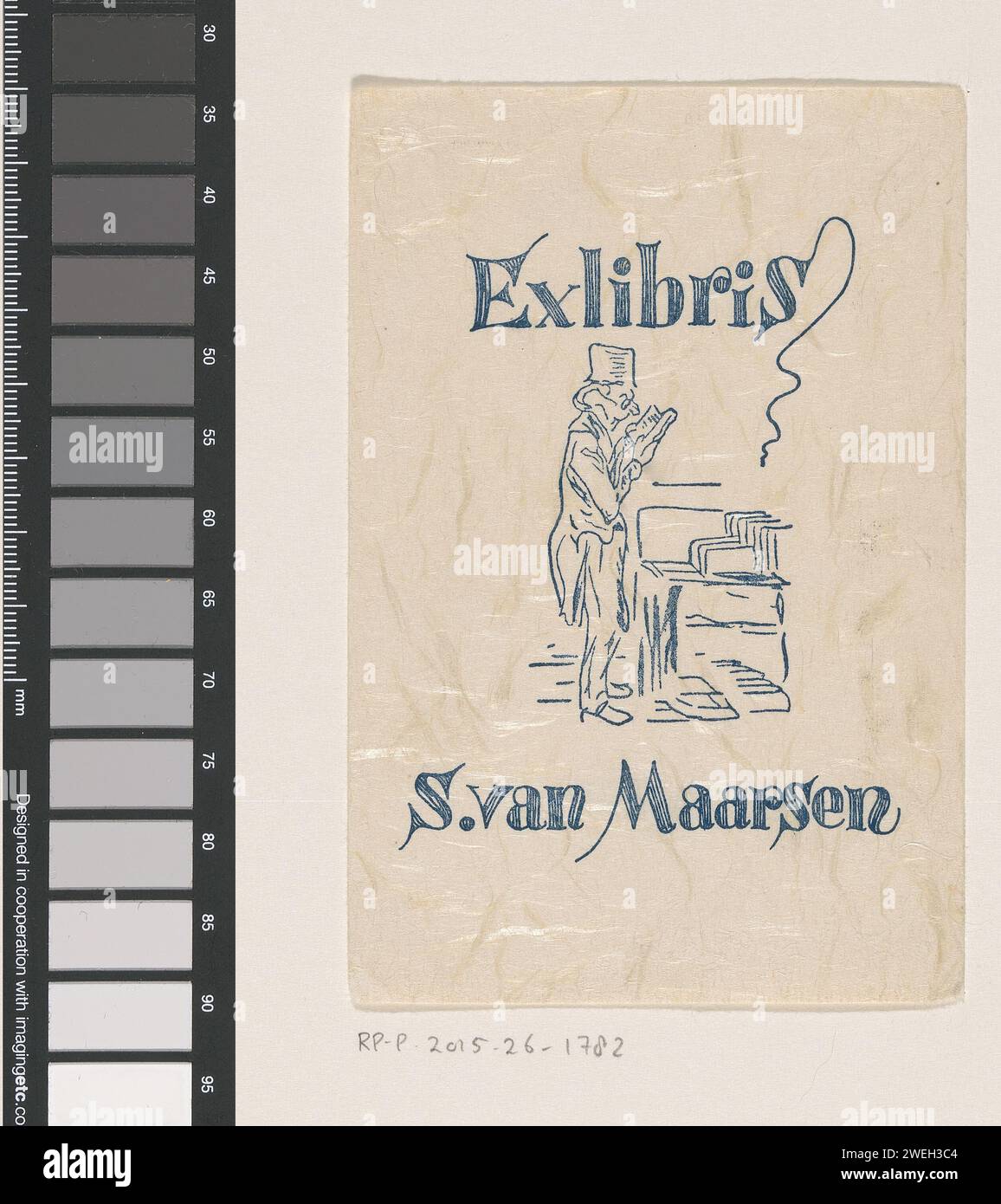 Ex Libris van S. van Maarsen, Anonym, 1900–1999 drucken Einen Mann mit einem Buch in den Händen für einen Buchstand. China Papier Bücherstand, Kiosk. Messwert Stockfoto